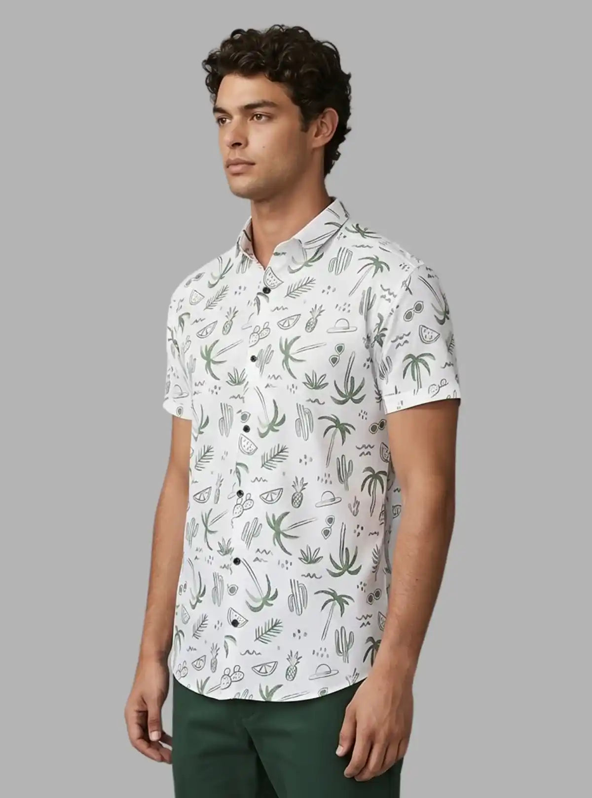 Men’s White Short Sleeve Shirt with Green Tree Print | Boer & Fitch