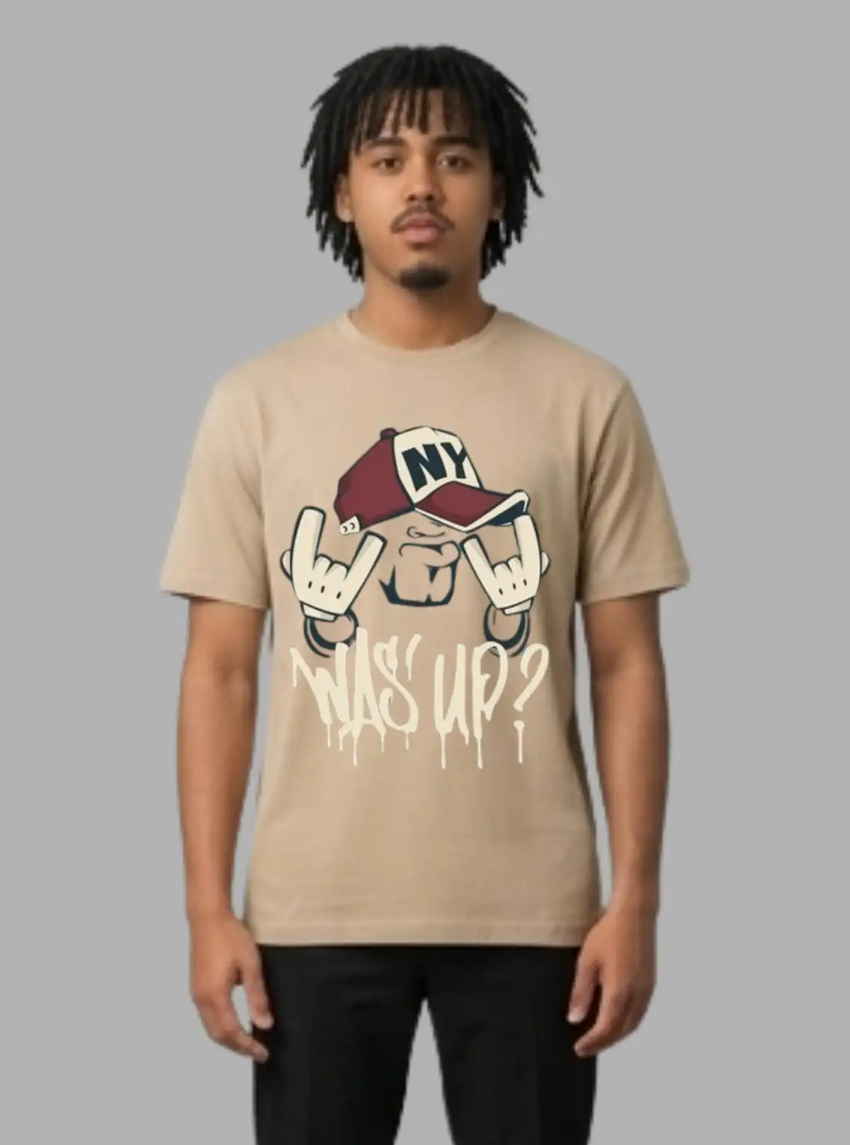 Boer and Fitch Men's Beige "Wassup" Printed Cotton T-Shirt | Graphic Crew Neck Tee