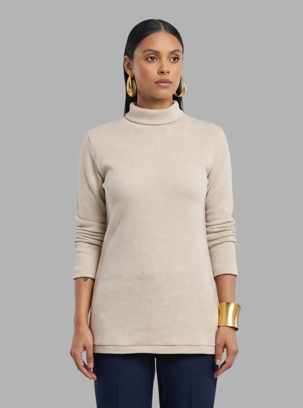 Women’s Solid Ecru Ribbed Turtle Neck Pullover with Long Sleeves