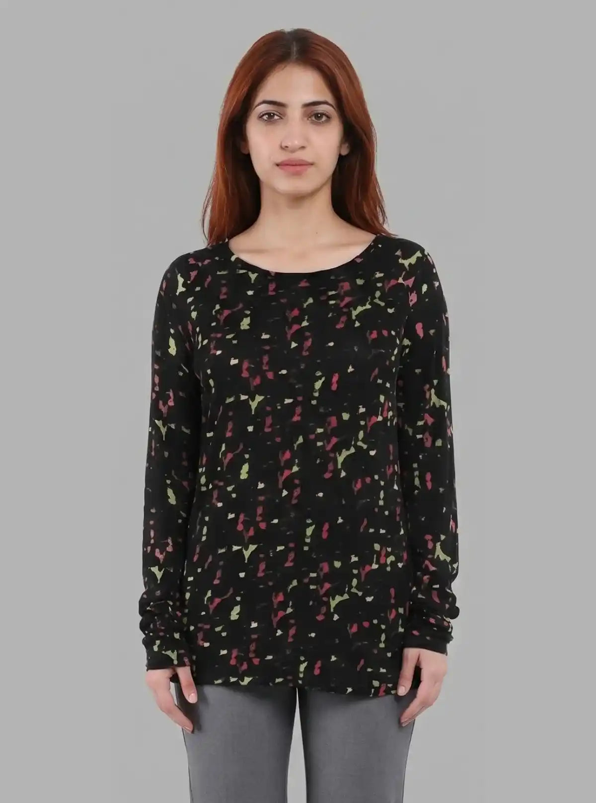 Women's Distressed Multicolor All-Over Print Cotton Blend Knit Top
