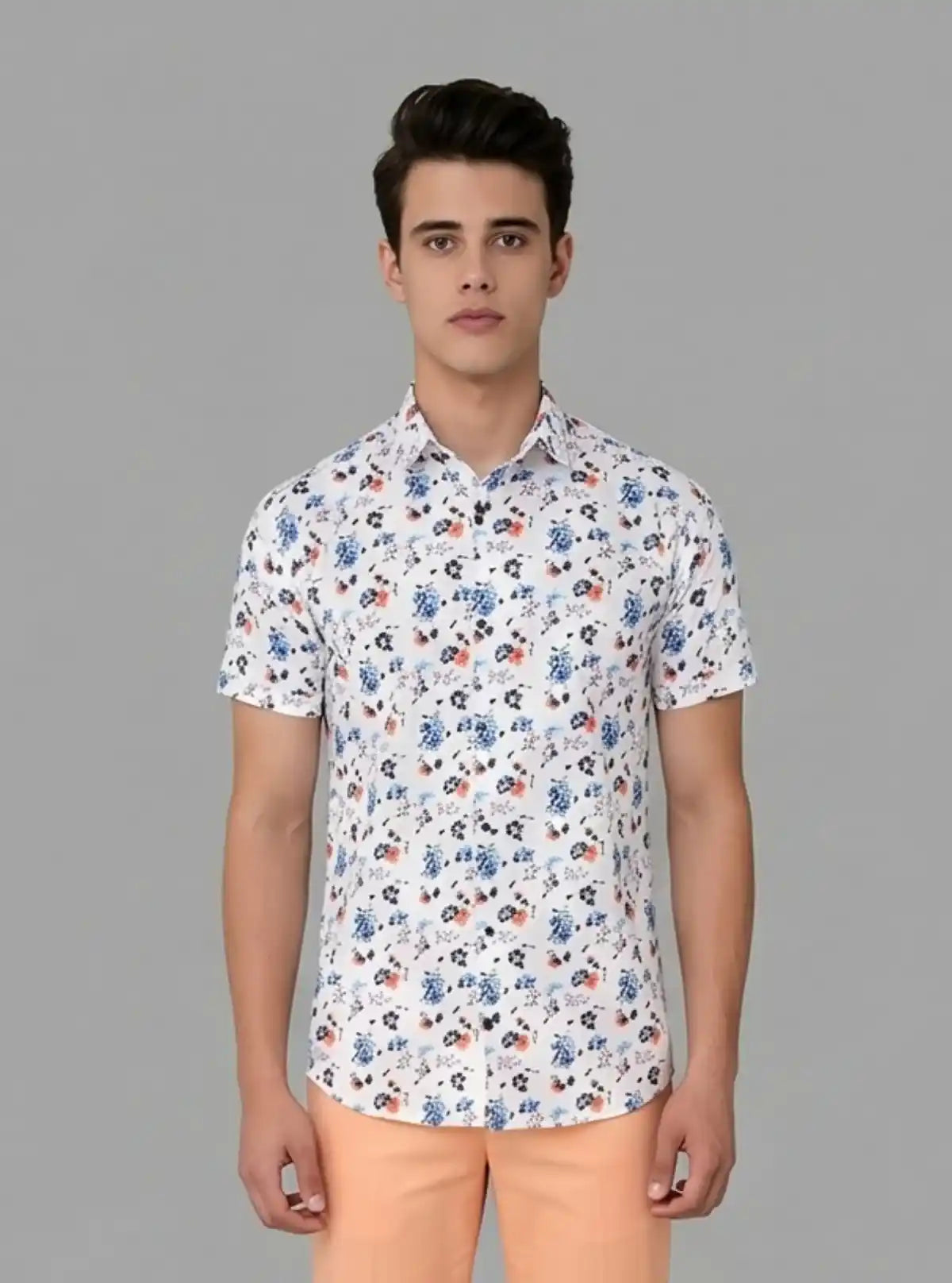 Men’s Multi-Color Floral Print White Short Sleeve Shirt