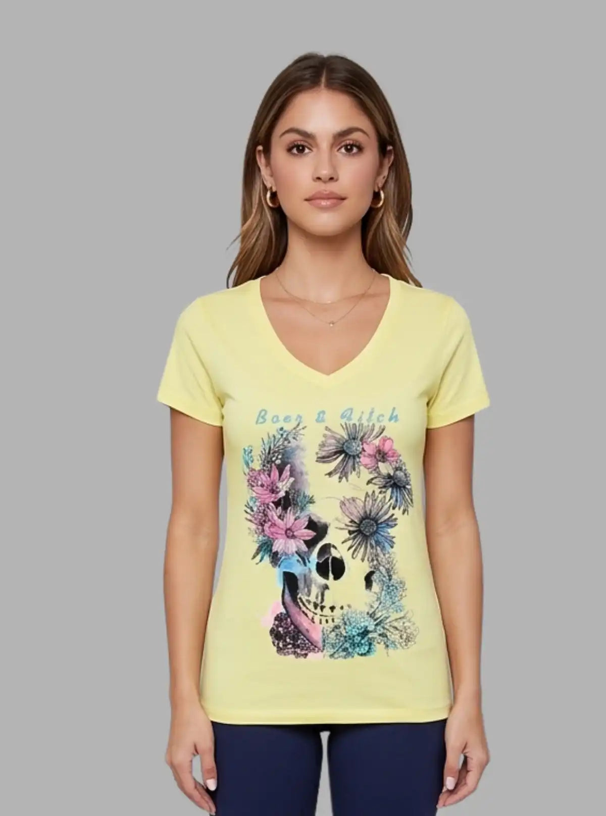 Women’s Lemon Skull Print V-Neck Tee – Trendy & Comfortable | Boer & Fitch