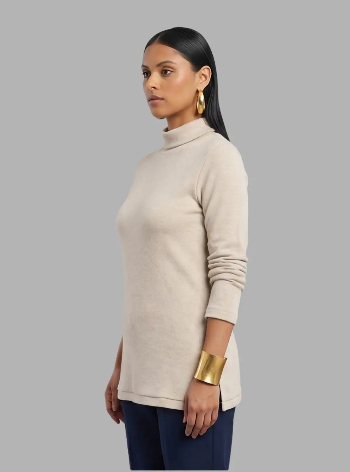 Women’s Solid Ecru Ribbed Turtle Neck Pullover with Long Sleeves