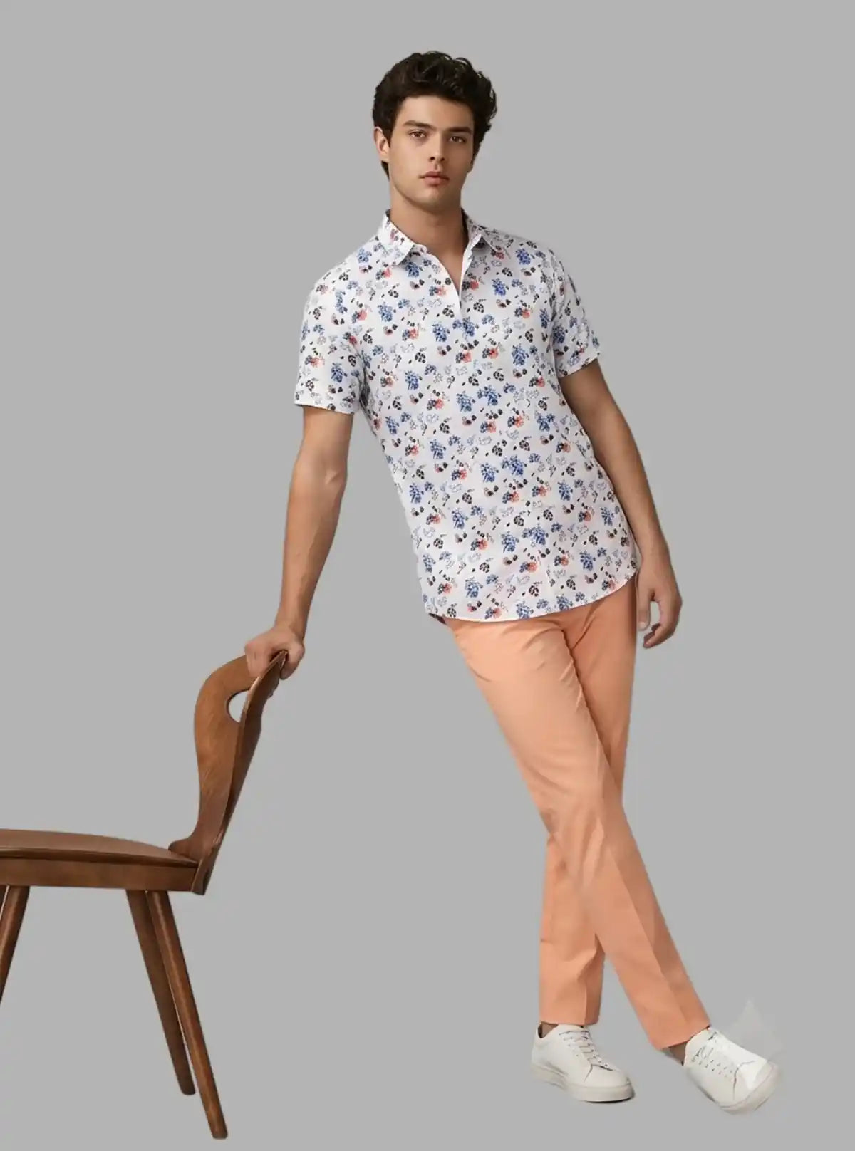 Men’s Multi-Color Floral Print White Short Sleeve Shirt
