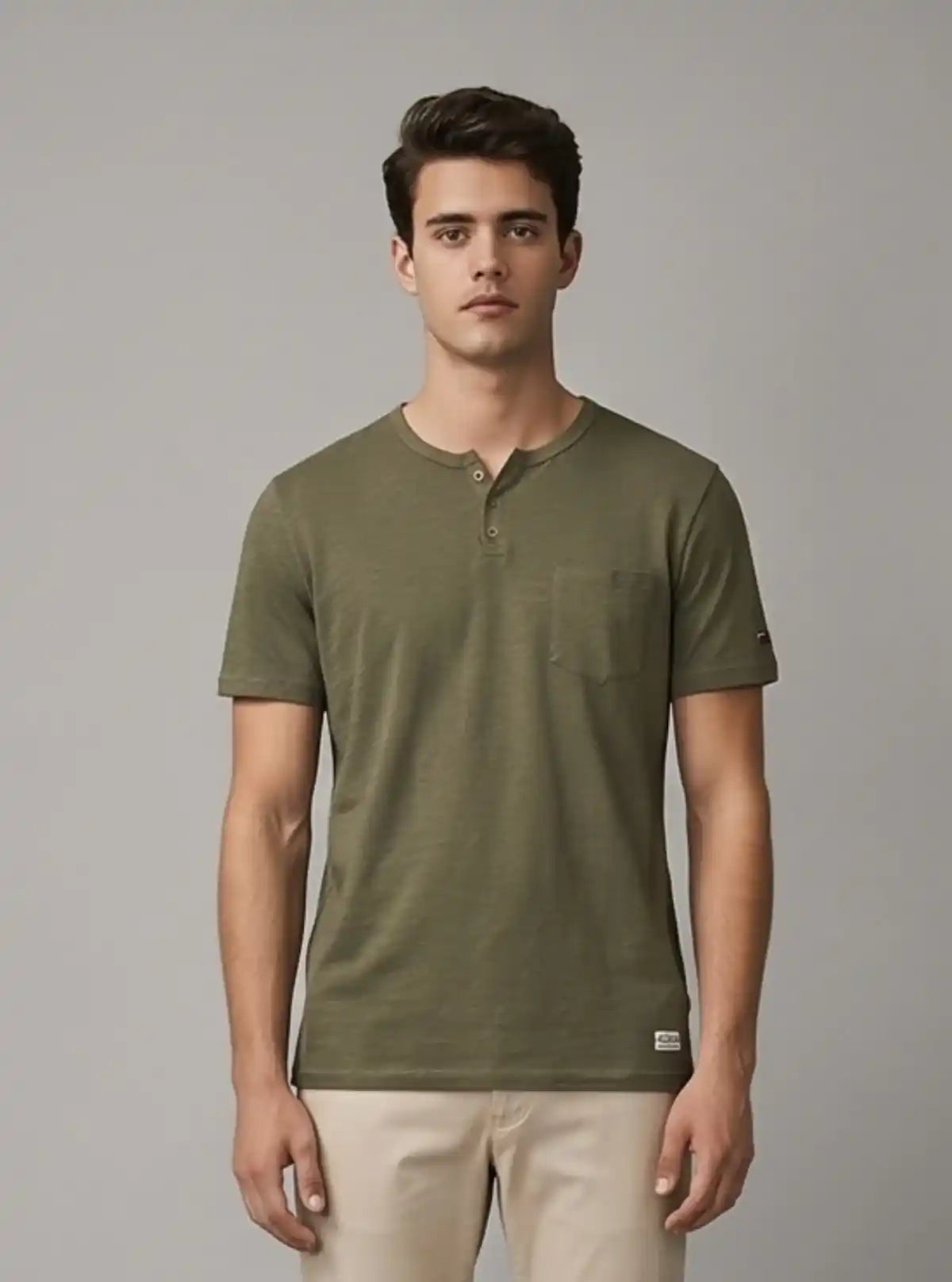 Men’s Olive Green Henley T-Shirt with Patch Pocket – Rugged & Refined