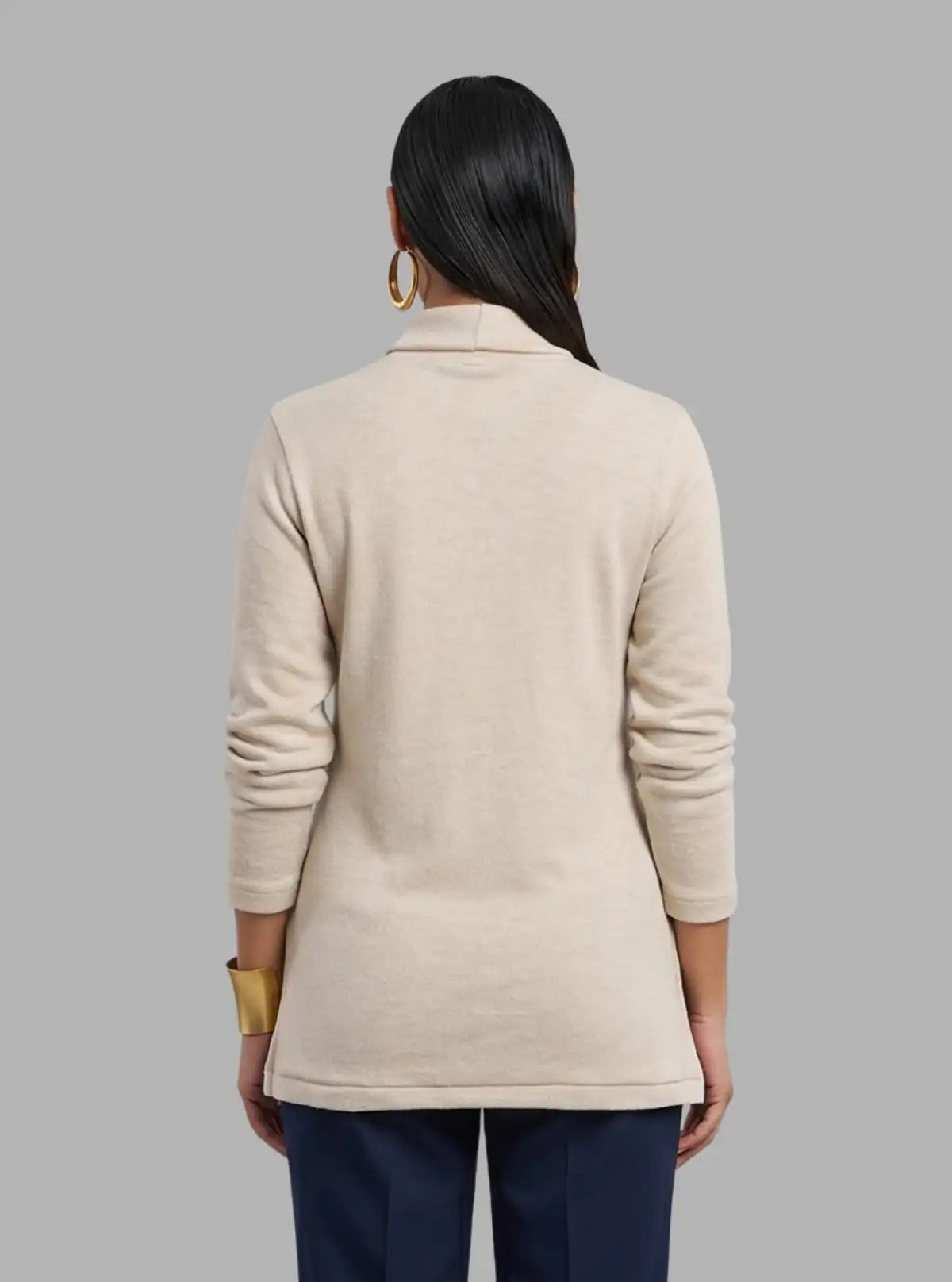 Women’s Solid Ecru Ribbed Turtle Neck Pullover with Long Sleeves