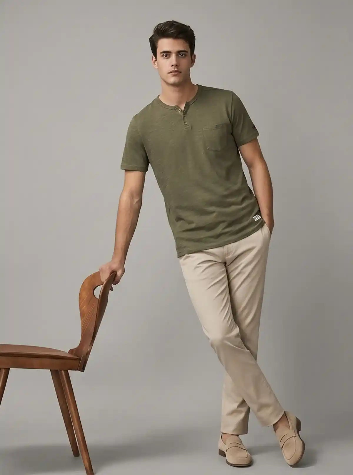 Men’s Olive Green Henley T-Shirt with Patch Pocket – Rugged & Refined
