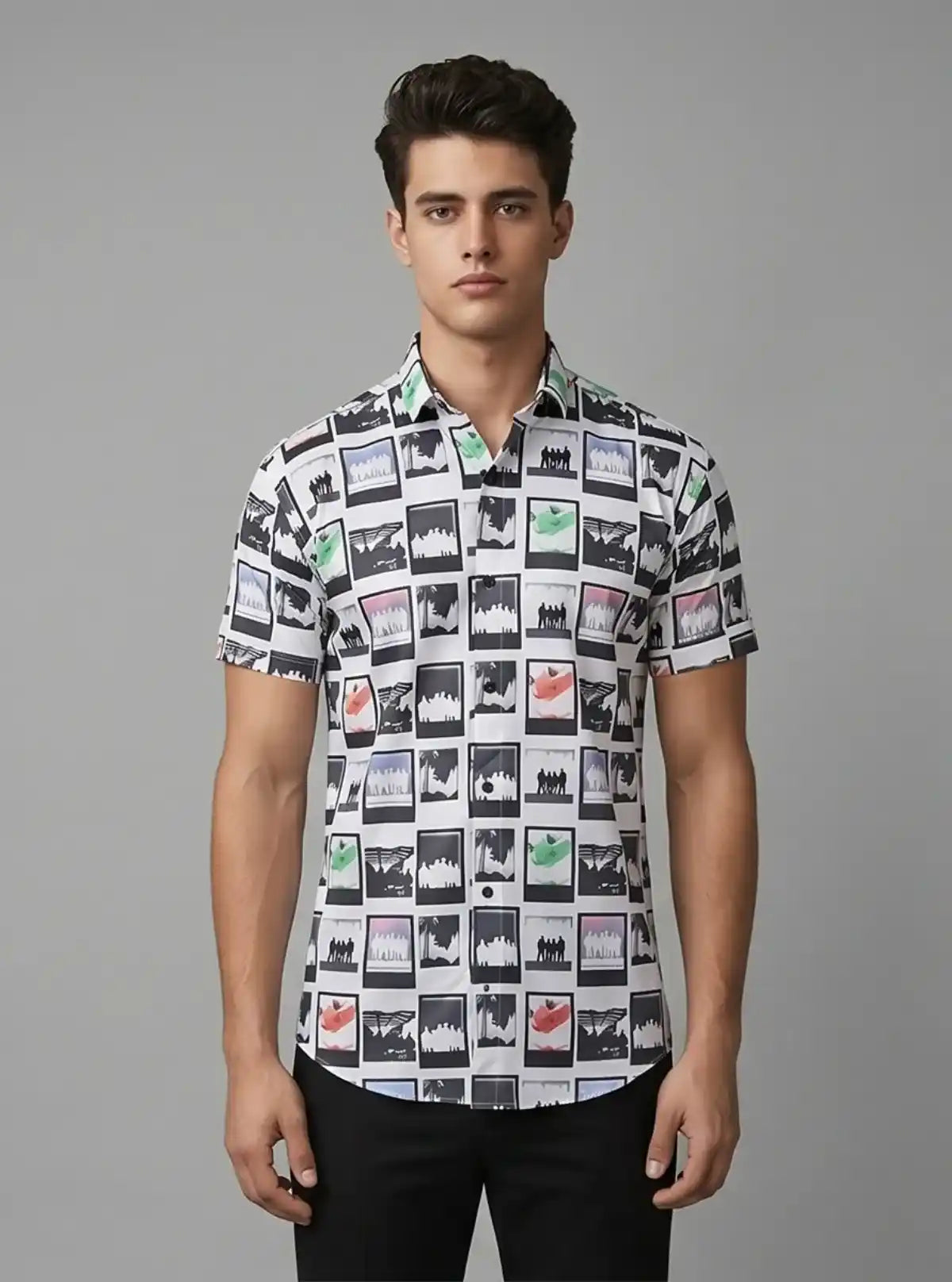 Men’s Squared Print Short Sleeve Shirt in Soft Poly Spun Fabric