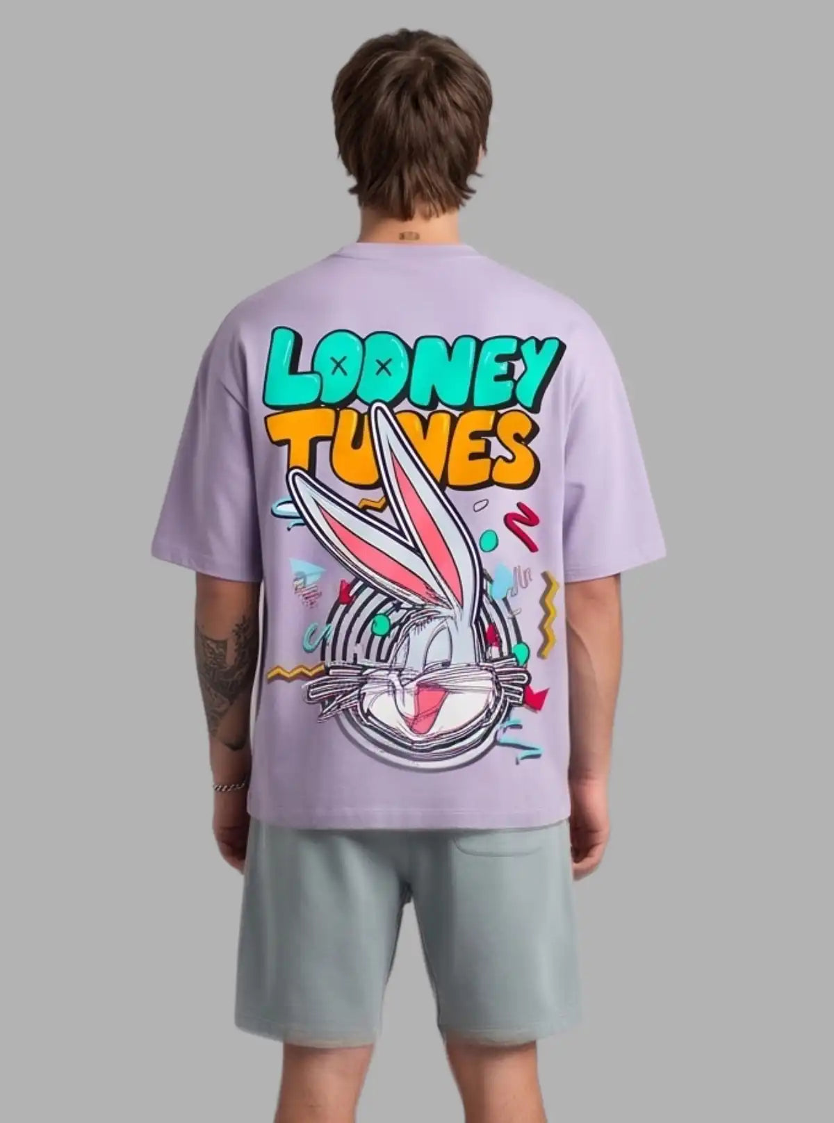 Boer and Fitch Looney Tunes Printed Lavender Crew Neck Cotton T-Shirt for Men