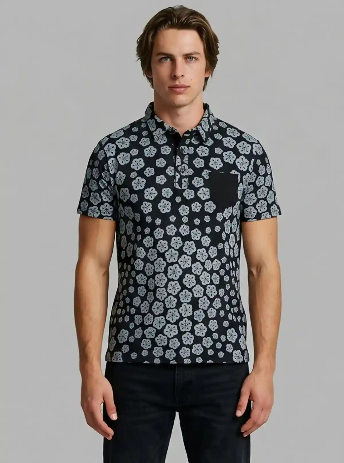 Men’s Floral Stamp Polo T-Shirt  – Stylish, Fresh & Versatile