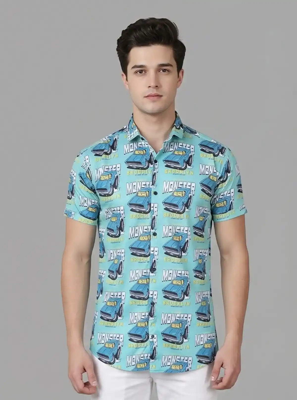 Men’s Blue Shirt with All-Over Car Graphic Print | Boer & Fitch