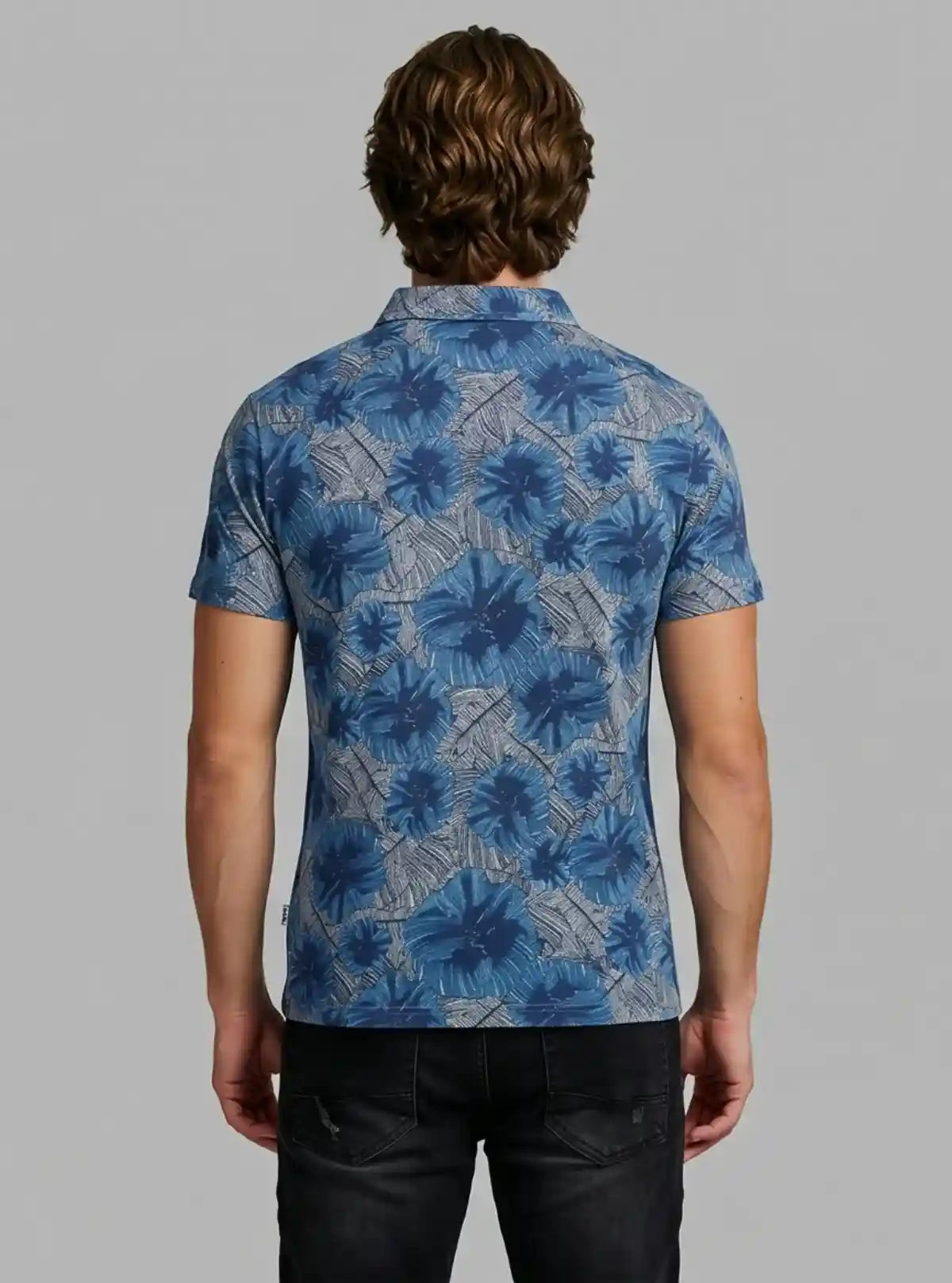 Men’s Blue Abstract Print Polo T-Shirt with Patch Pocket – Artistic & Modern Fit
