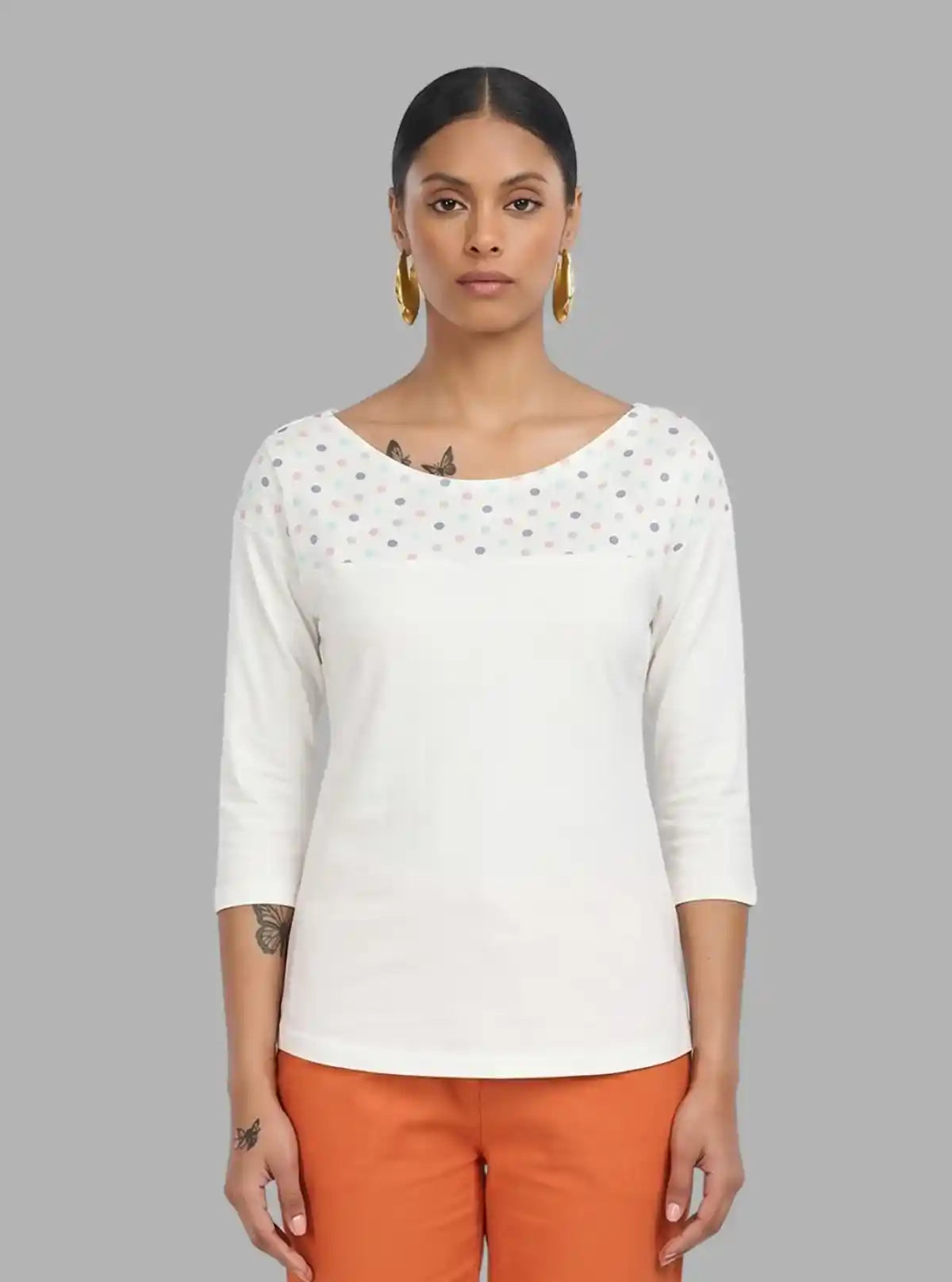 Women's Ecru Scoop Neck Polka Dot Panel Top – Cotton Jersey Knit