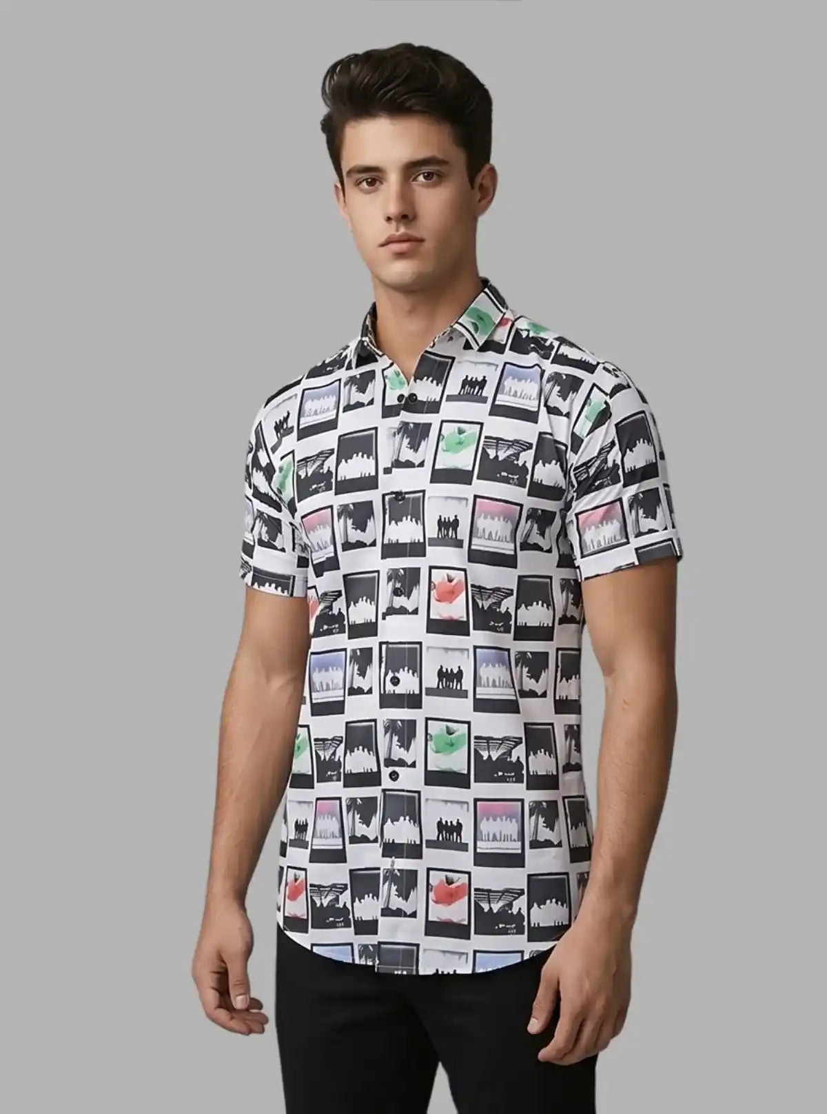 Men’s Squared Print Short Sleeve Shirt in Soft Poly Spun Fabric