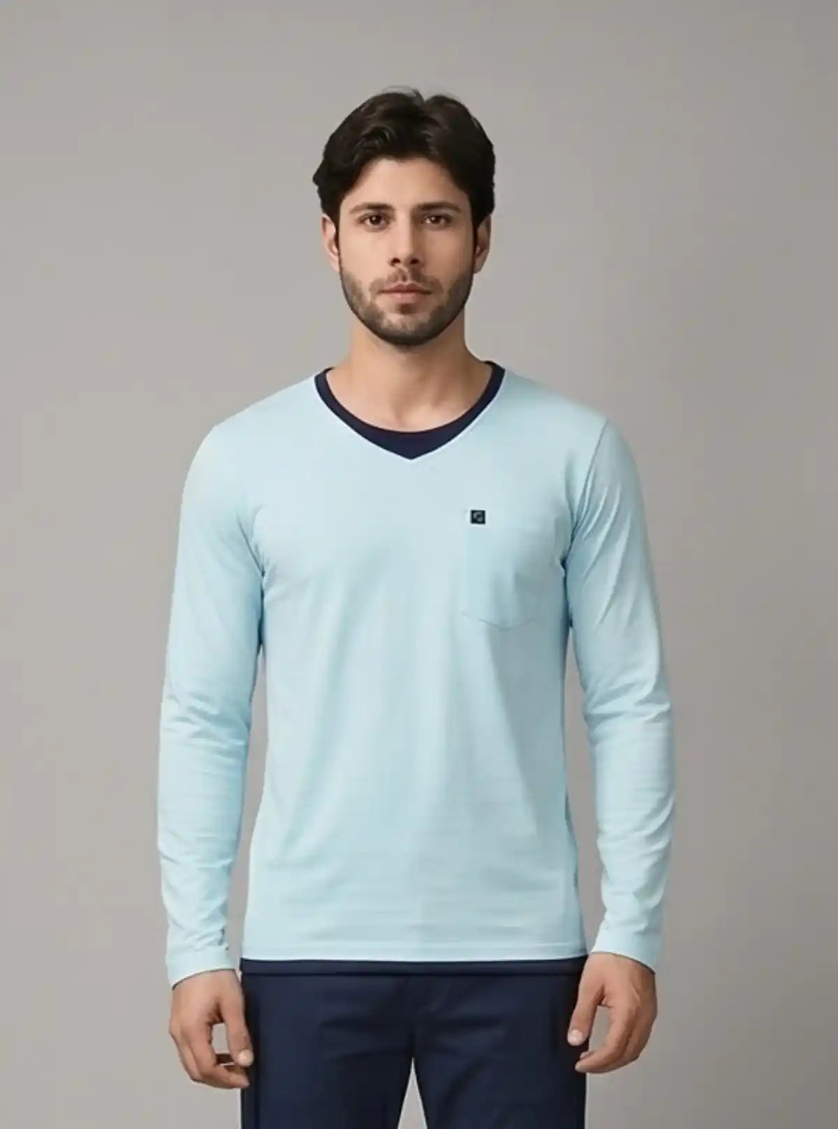 Men's Sea Blue V-Neck Slub Jersey Full Sleeve T-Shirt – Relaxed Style & Texture