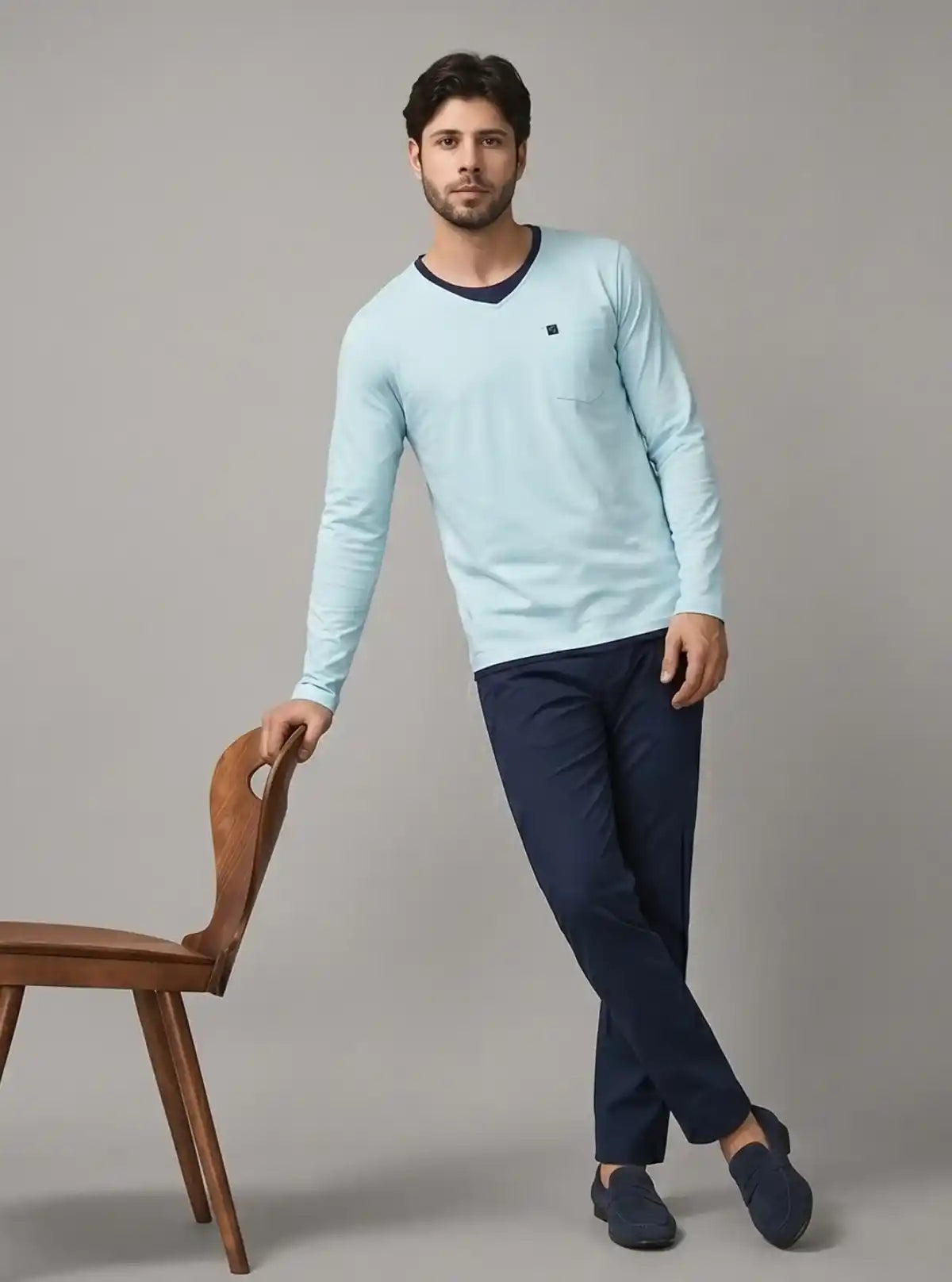 Men's Sea Blue V-Neck Slub Jersey Full Sleeve T-Shirt – Relaxed Style & Texture