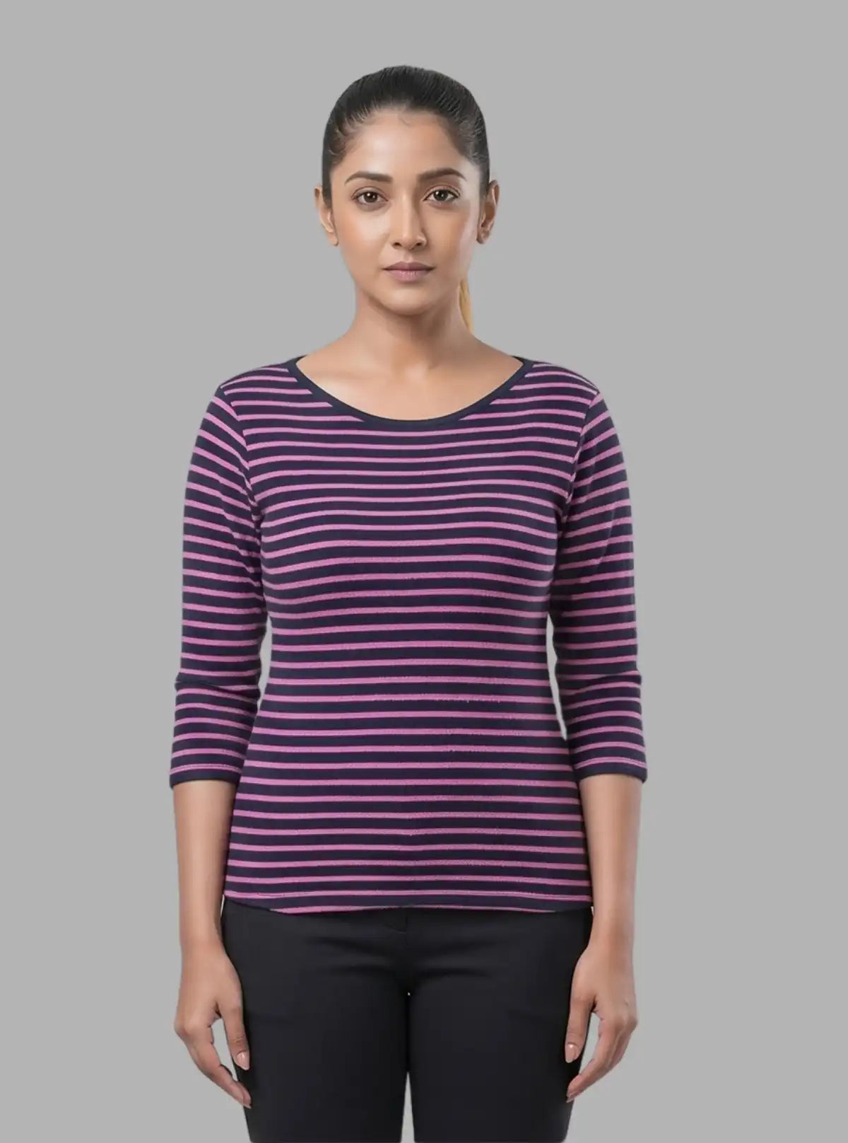 Women’s Purple Striped Cotton Ribbed Sweat Top with Boat Neck – Boer & Fitch