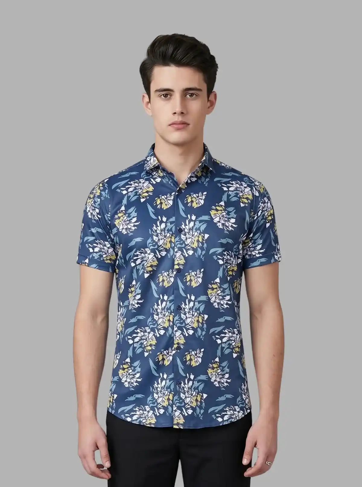 Men’s Blue Floral Printed Poly Shirt – Stylish, Lightweight Summer Wear by Boer & Fitch