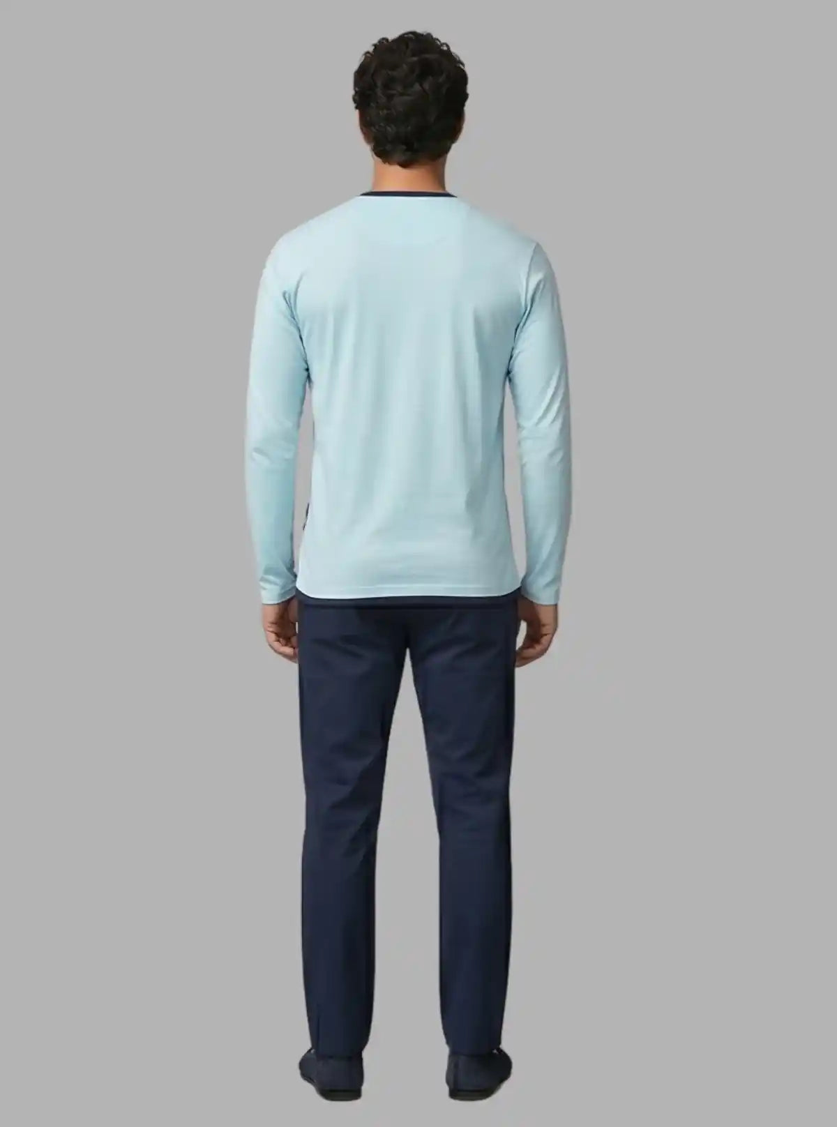 Men's Sea Blue V-Neck Slub Jersey Full Sleeve T-Shirt – Relaxed Style & Texture
