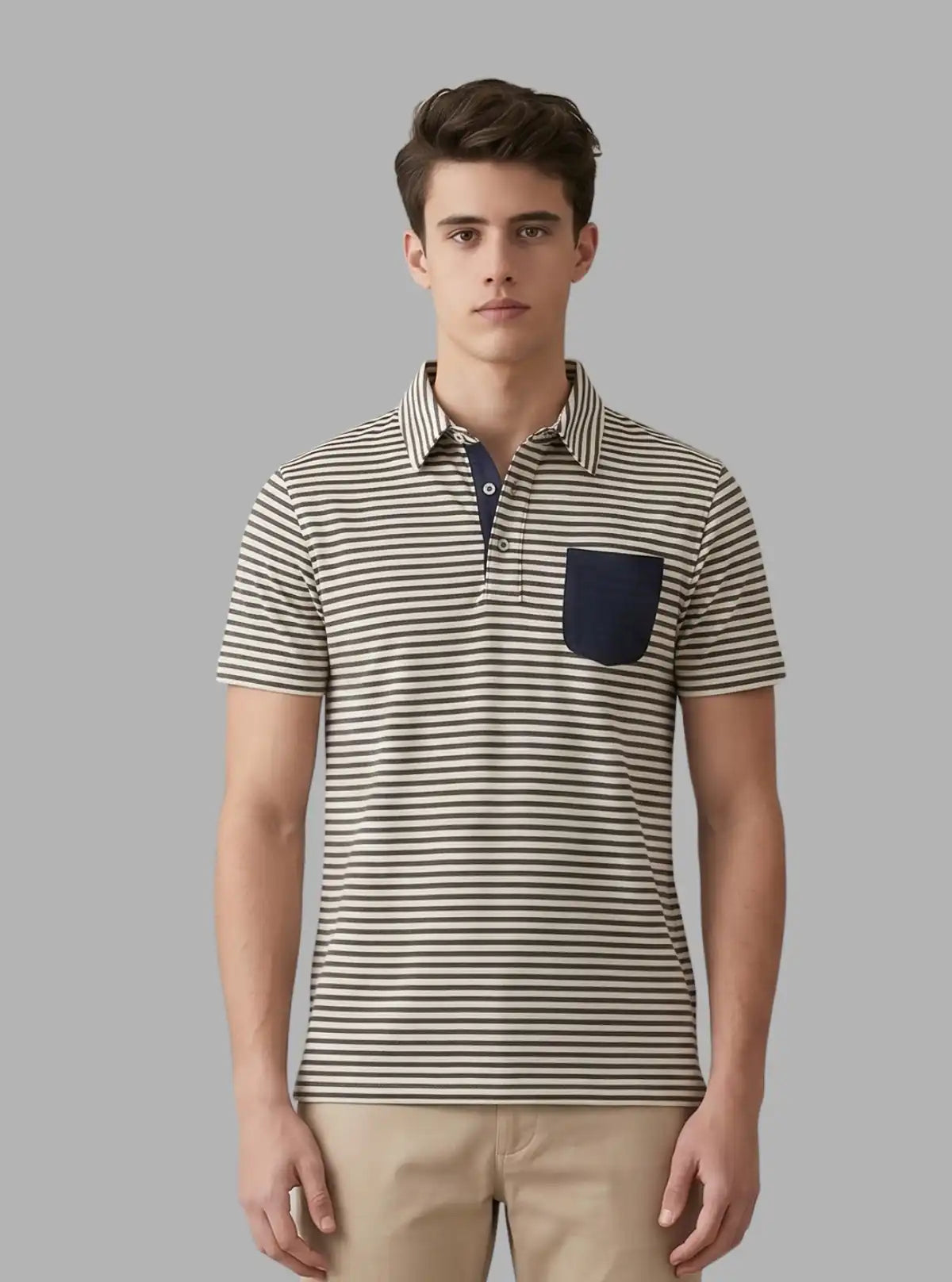 Grey Stripe Self Collar Polo T-Shirt with Patch Pocket – Boer and Fitch