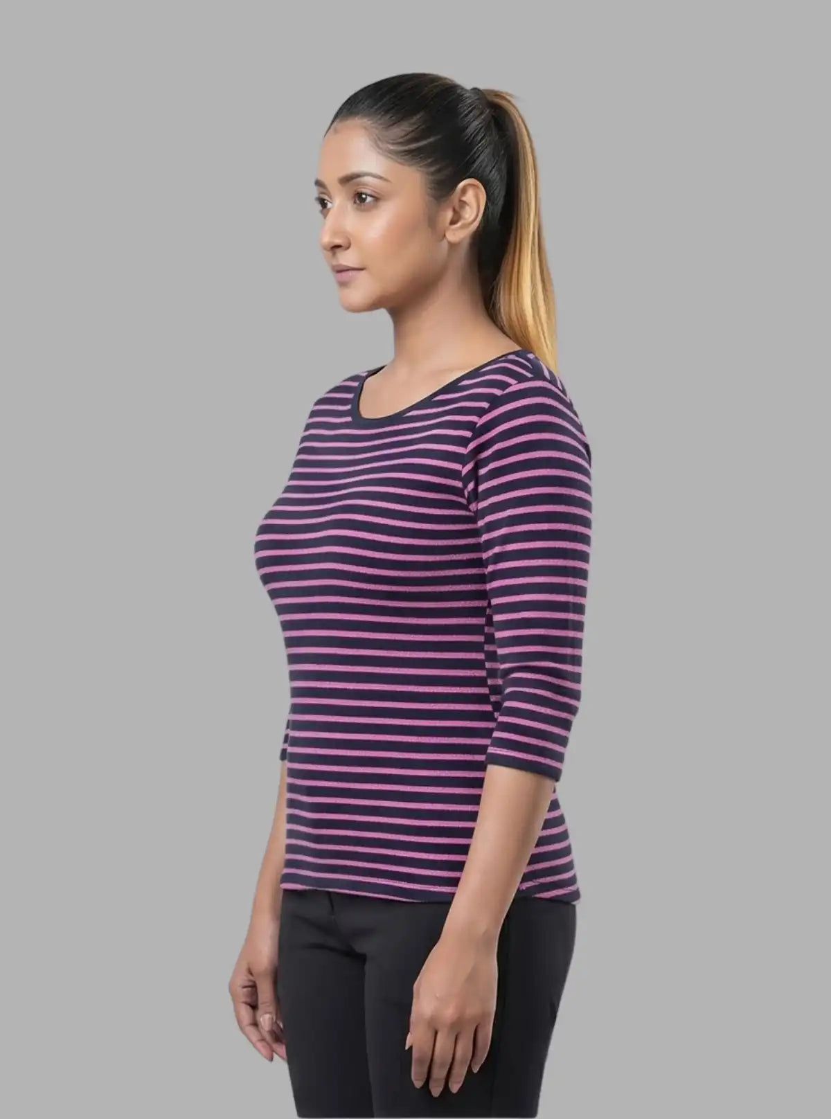 Women’s Purple Striped Cotton Ribbed Sweat Top with Boat Neck – Boer & Fitch