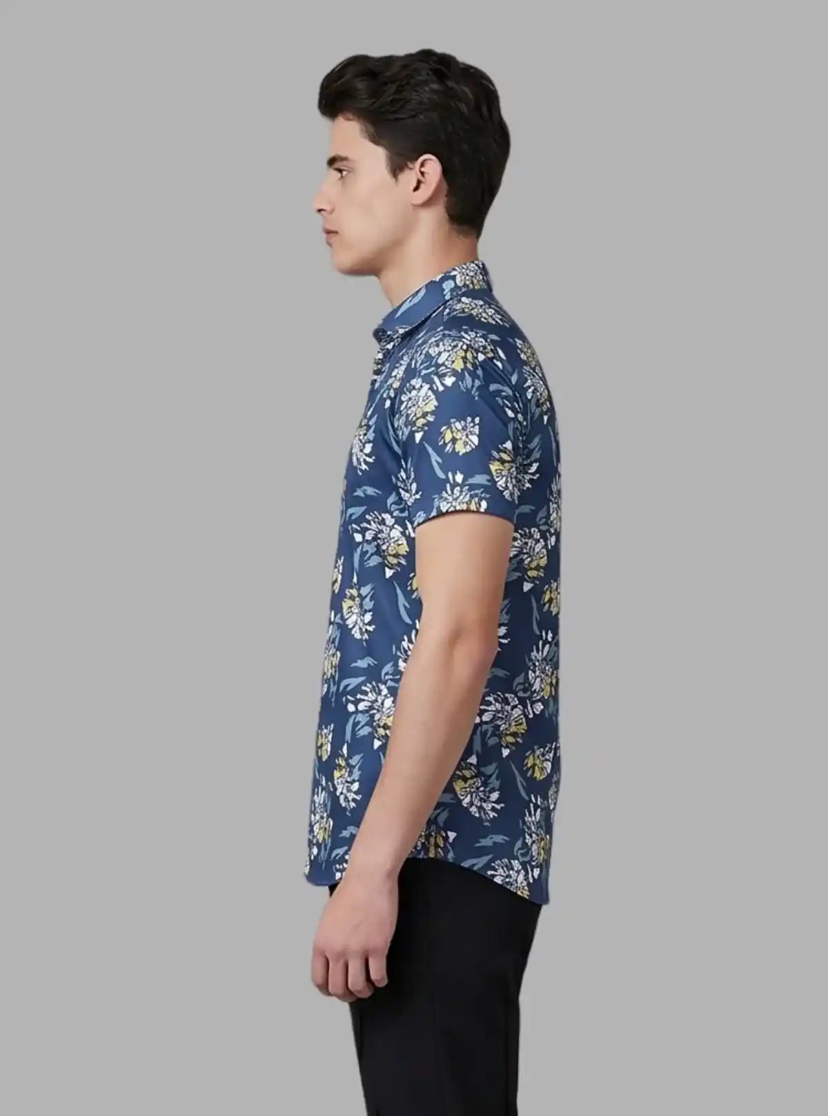 Men’s Blue Floral Printed Poly Shirt – Stylish, Lightweight Summer Wear by Boer & Fitch