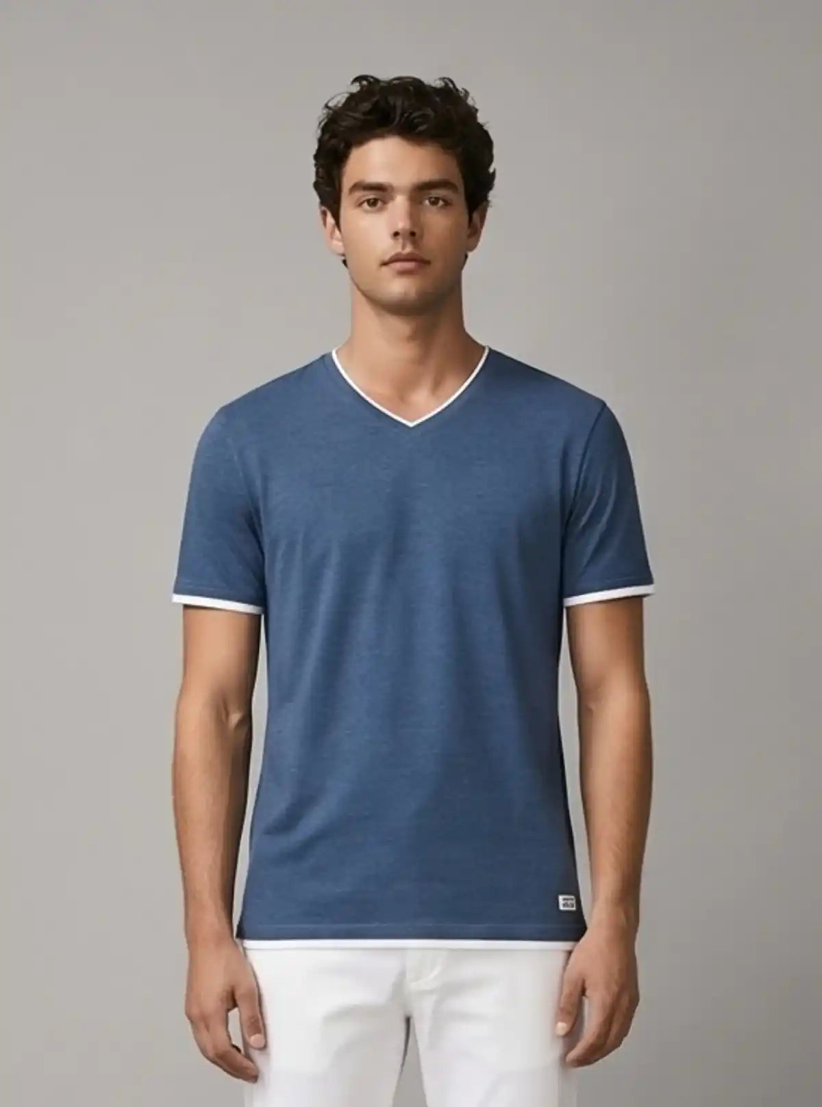Men’s Blue Contrast Tipped V-Neck T-Shirt – Smart Casual Essential