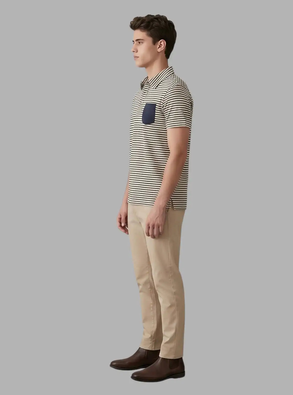 Grey Stripe Self Collar Polo T-Shirt with Patch Pocket – Boer and Fitch