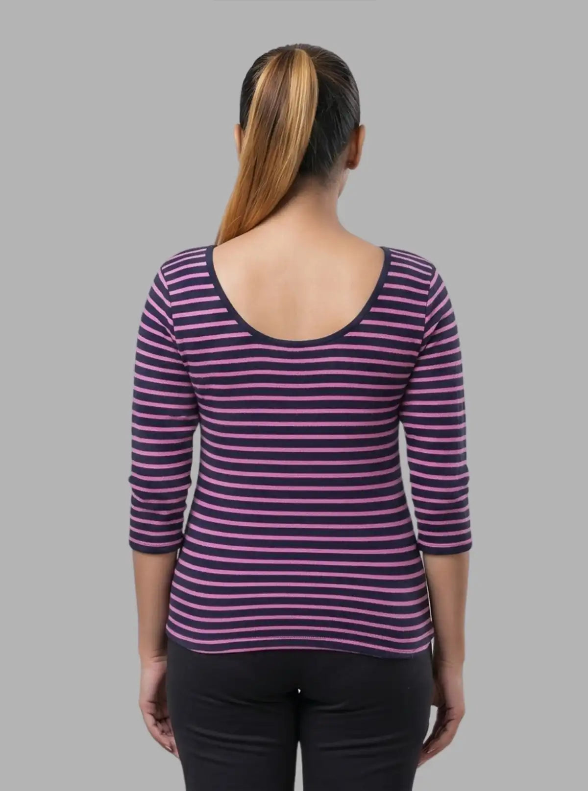 Women’s Purple Striped Cotton Ribbed Sweat Top with Boat Neck – Boer & Fitch