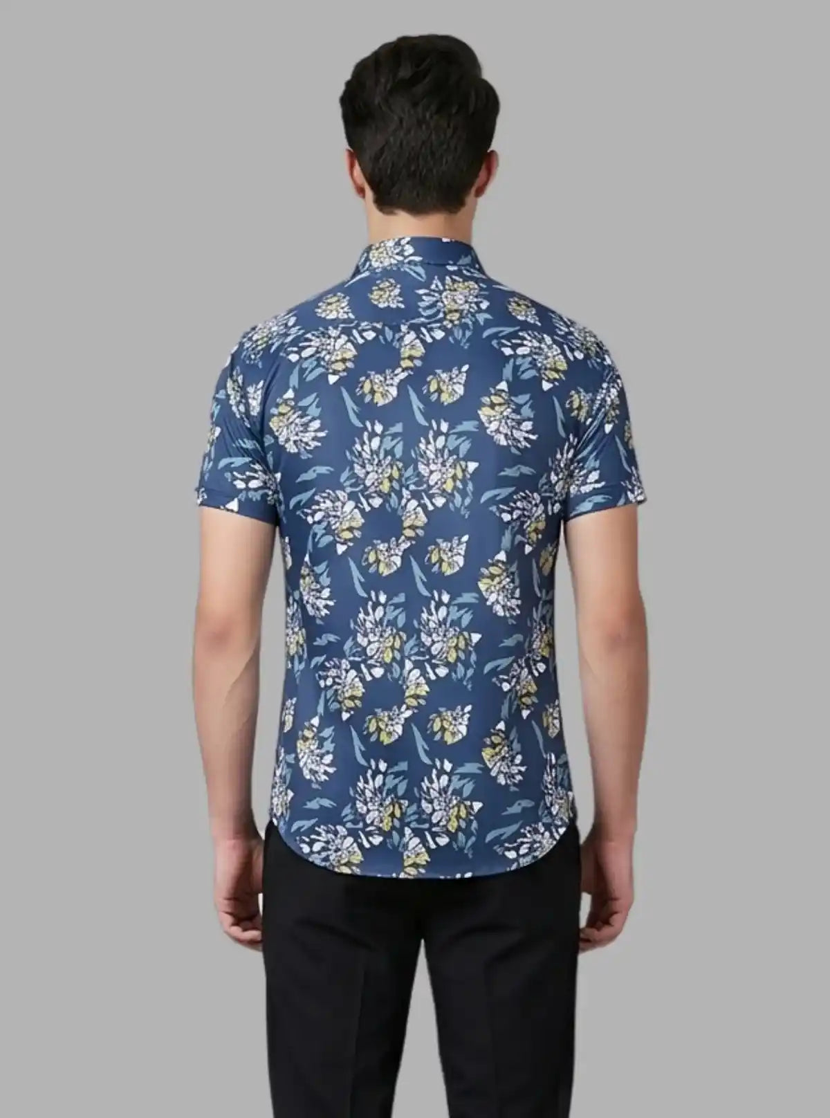 Men’s Blue Floral Printed Poly Shirt – Stylish, Lightweight Summer Wear by Boer & Fitch