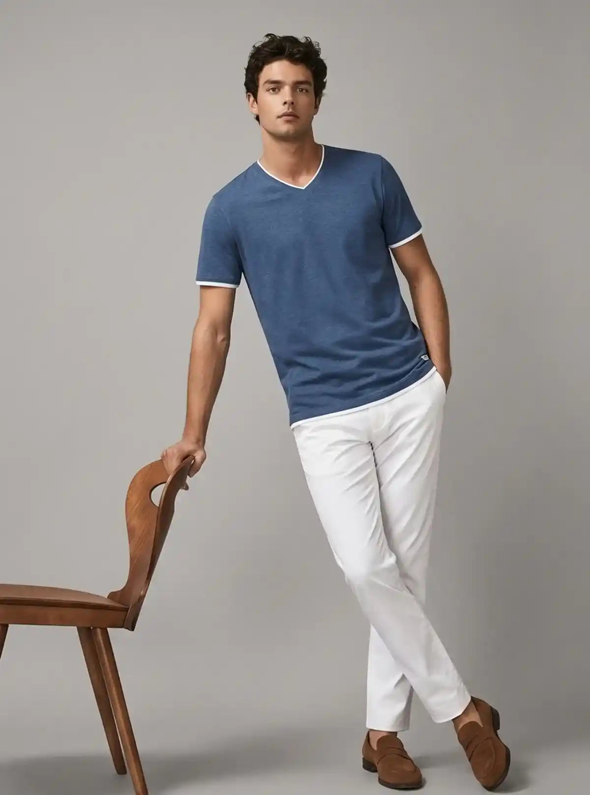 Men’s Blue Contrast Tipped V-Neck T-Shirt – Smart Casual Essential
