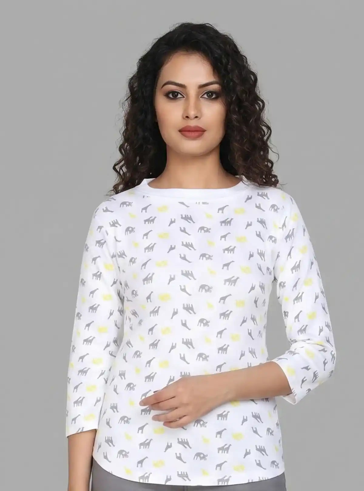 Women's White Camel Print 3/4 Sleeve Cotton Rib Knit Top | Boer & Fitch