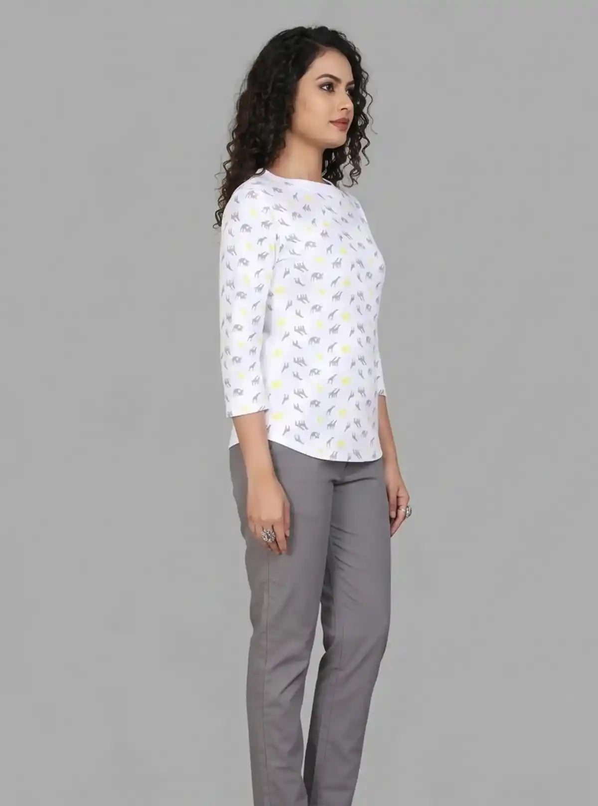 Women's White Camel Print 3/4 Sleeve Cotton Rib Knit Top | Boer & Fitch