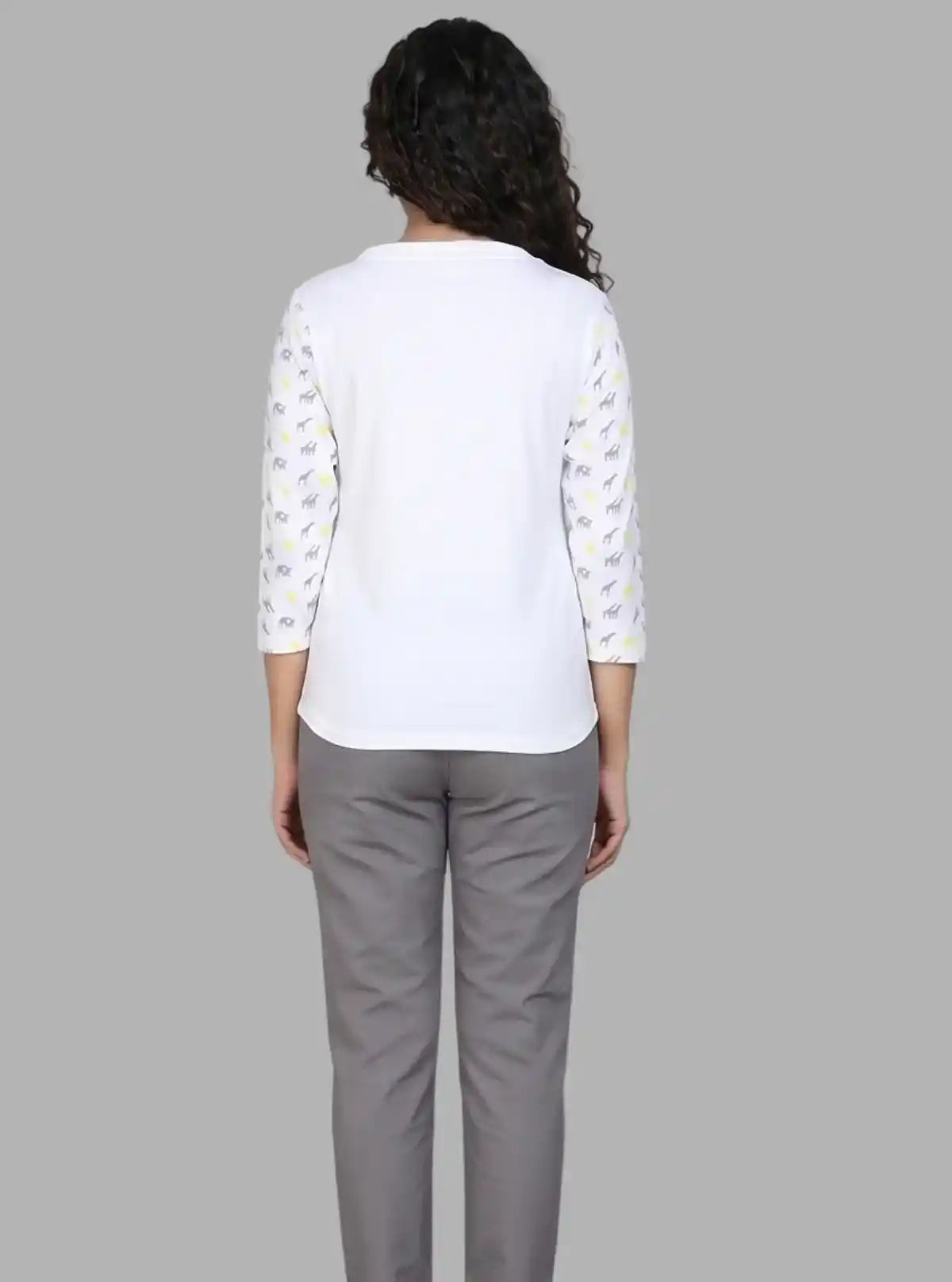 Women's White Camel Print 3/4 Sleeve Cotton Rib Knit Top | Boer & Fitch