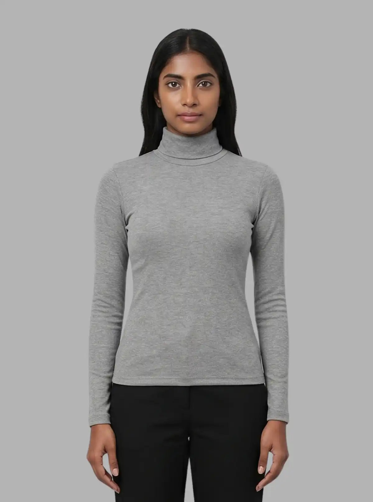 Women’s Dark Melange Ribbed Turtle Neck Pullover with Long Sleeves