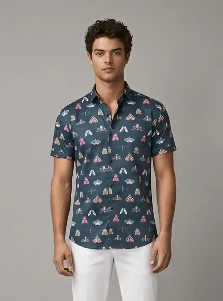 Men’s Navy Butterfly Printed Poly Shirt – Stylish Casual Slim Fit by Boer & Fitch
