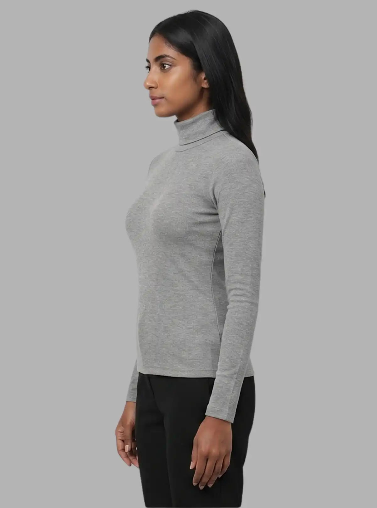 Women’s Dark Melange Ribbed Turtle Neck Pullover with Long Sleeves