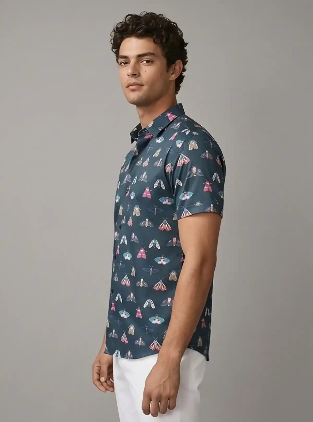 Men’s Navy Butterfly Printed Poly Shirt – Stylish Casual Slim Fit by Boer & Fitch