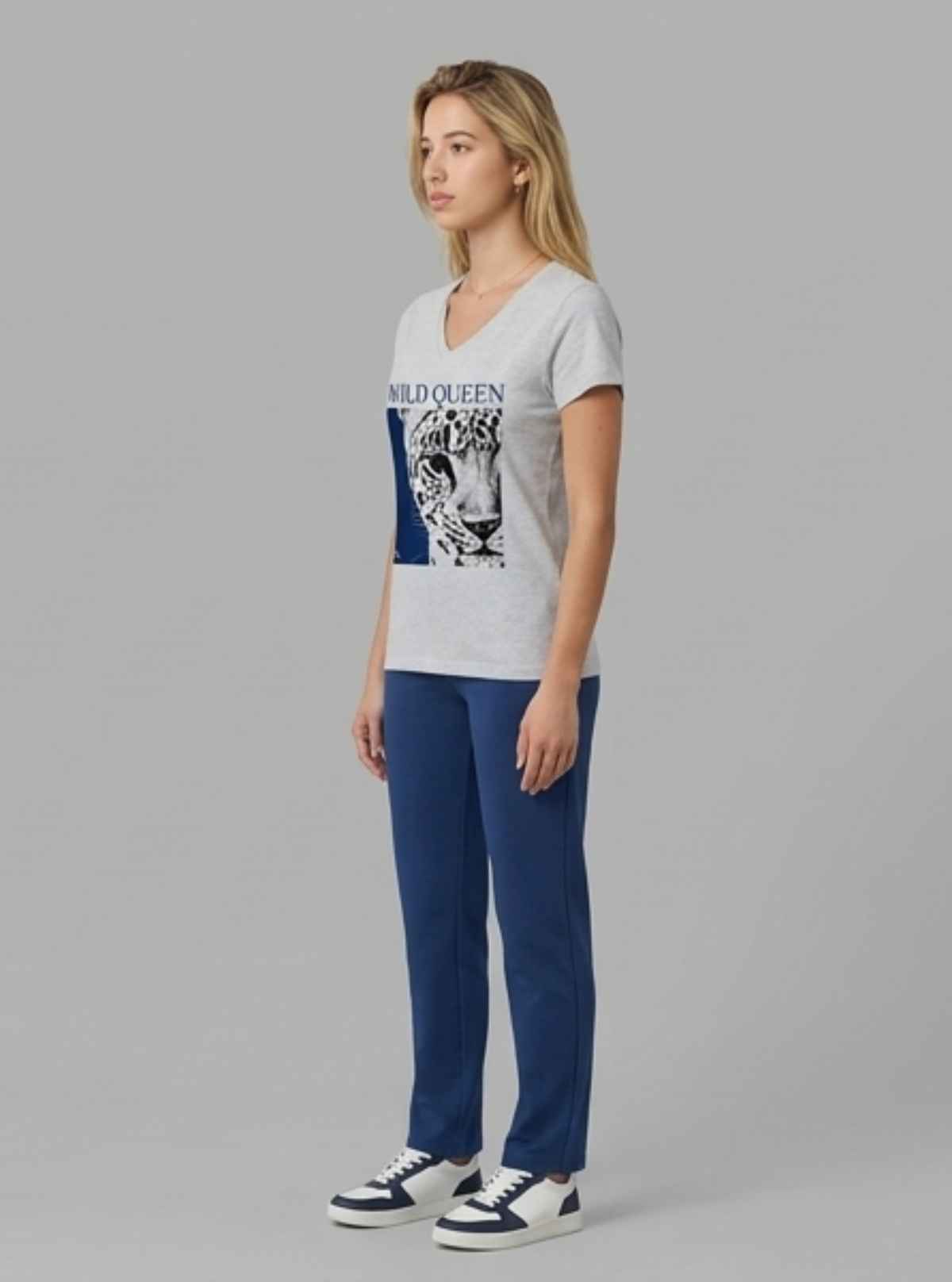 Women’s White Melange V-Neck Graphic Printed Short Sleeve Cotton Jersey T-Shirt by Boer and Fitch