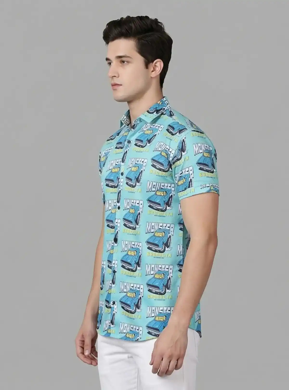Men’s Blue Shirt with All-Over Car Graphic Print | Boer & Fitch