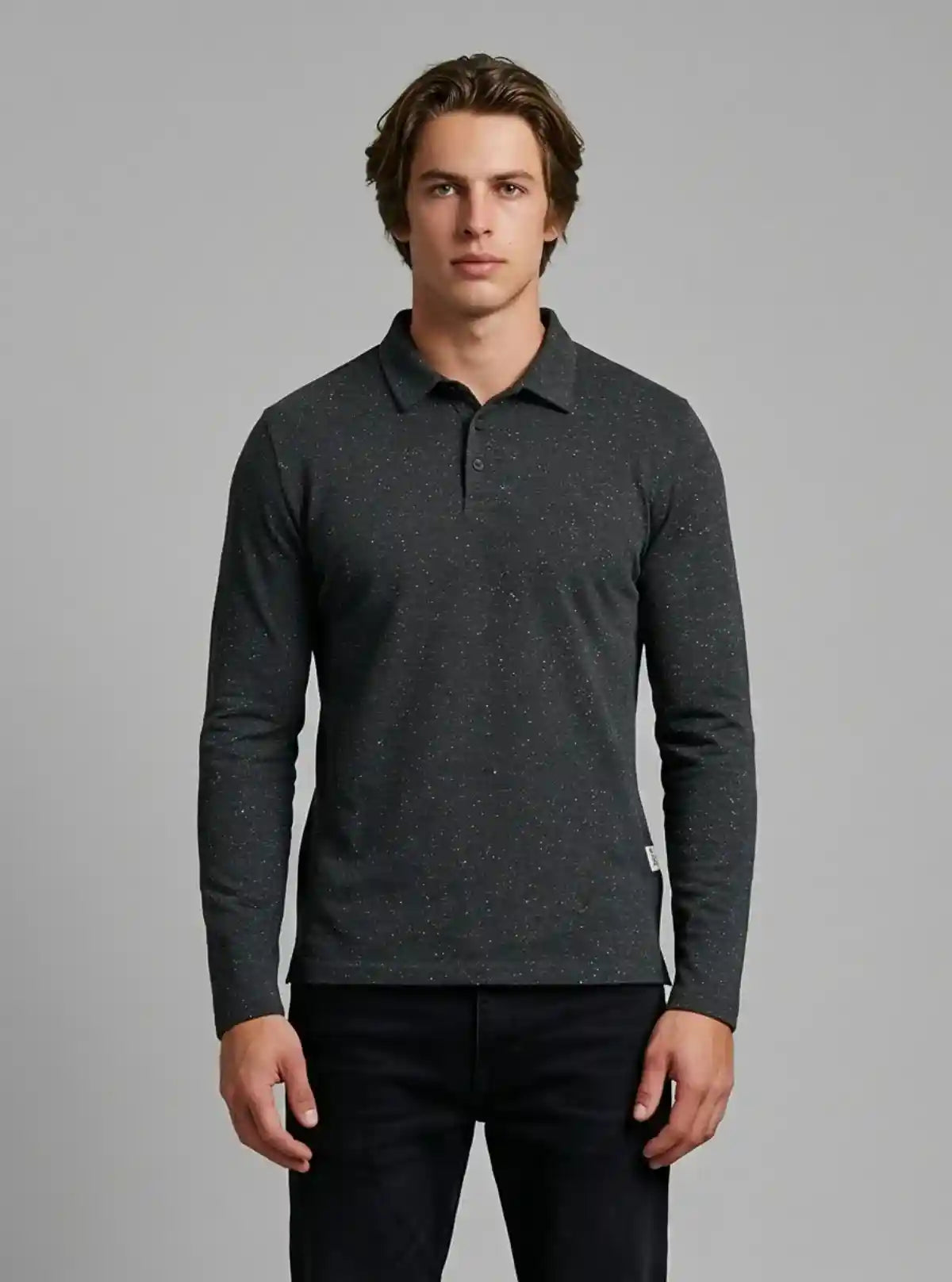 Men’s Black Textured Long Sleeve Polo T-Shirt – Premium Comfort & Style