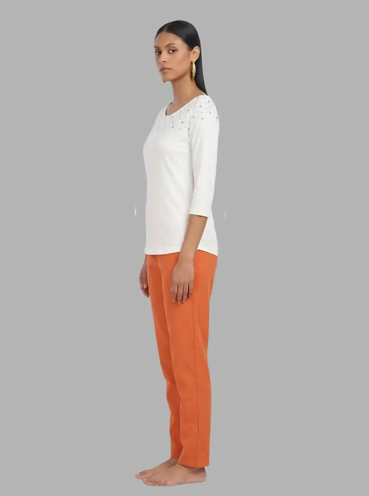 Women's Ecru Scoop Neck Polka Dot Panel Top – Cotton Jersey Knit