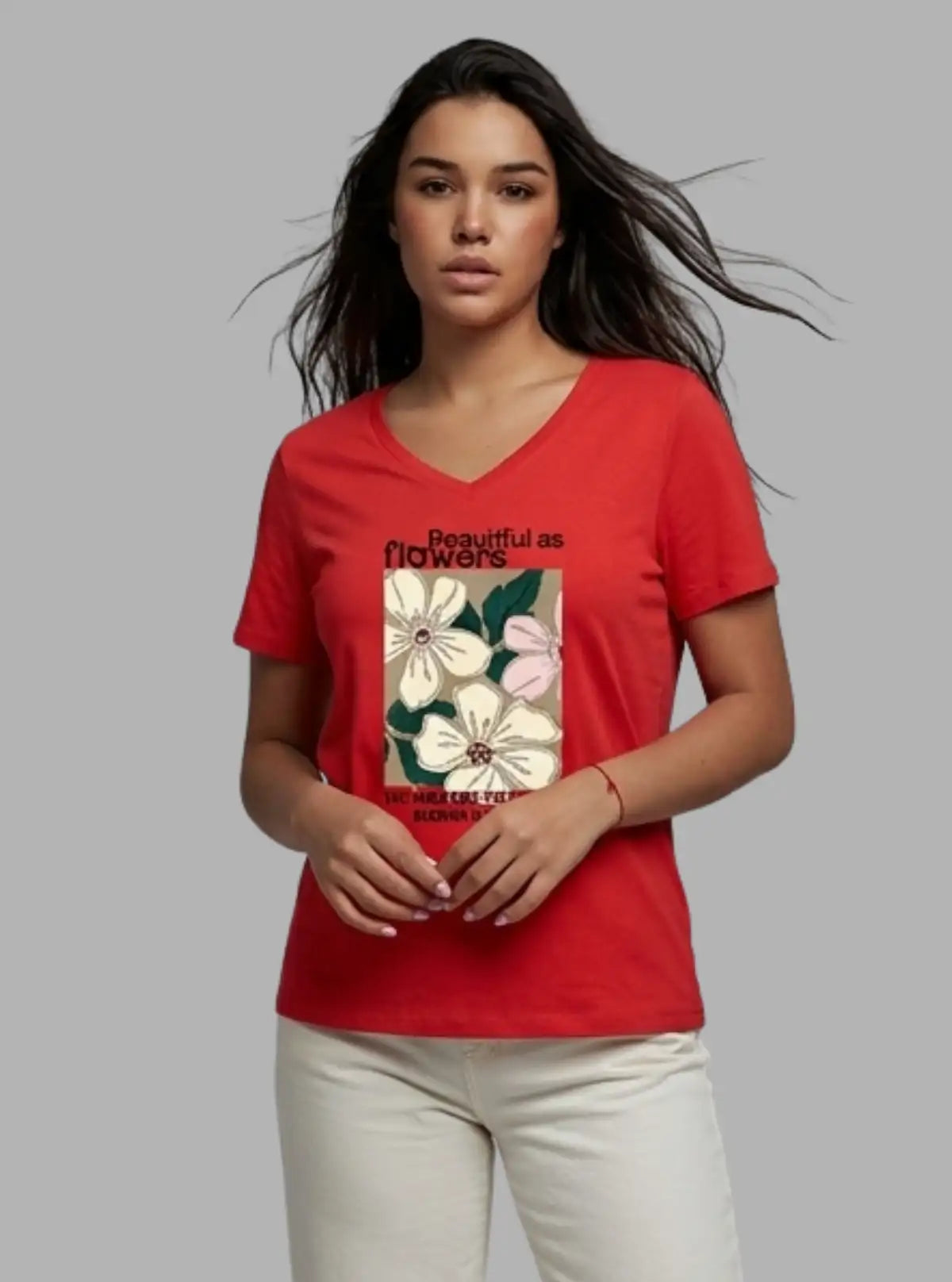 Women’s Coral Chest Printed V-Neck Short Sleeve Cotton Jersey T-Shirt by Boer and Fitch