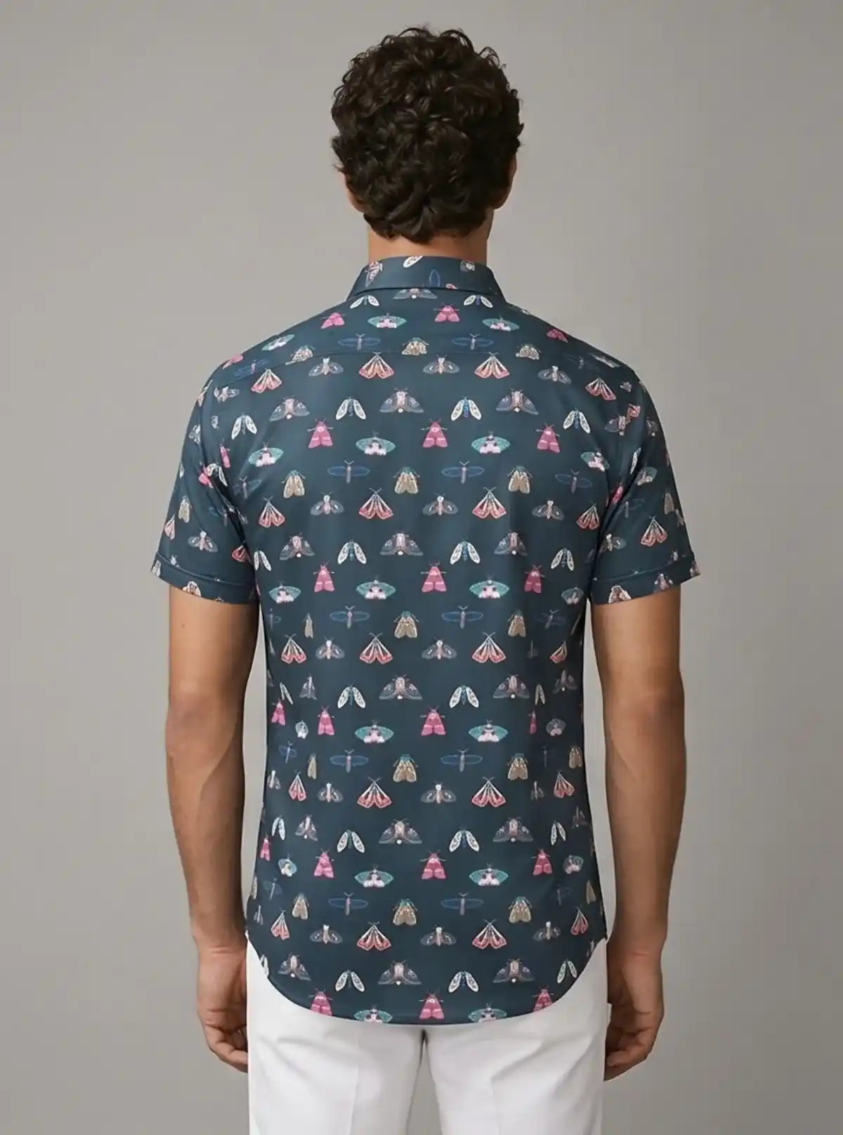 Men’s Navy Butterfly Printed Poly Shirt – Stylish Casual Slim Fit by Boer & Fitch
