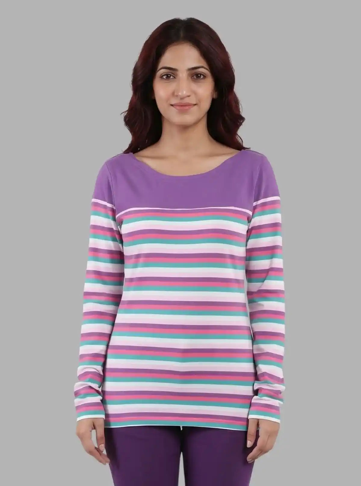 Women's Purple Scoop Neck Striped Panel Long Sleeve Top – Cotton Jersey