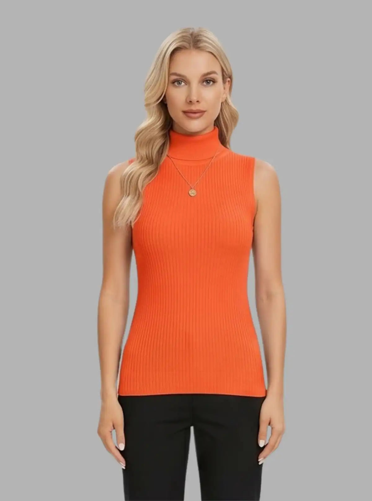 Women’s Orange Roll-On Neck Sleeveless Top – Stylish & Comfortable | Boer & Fitch