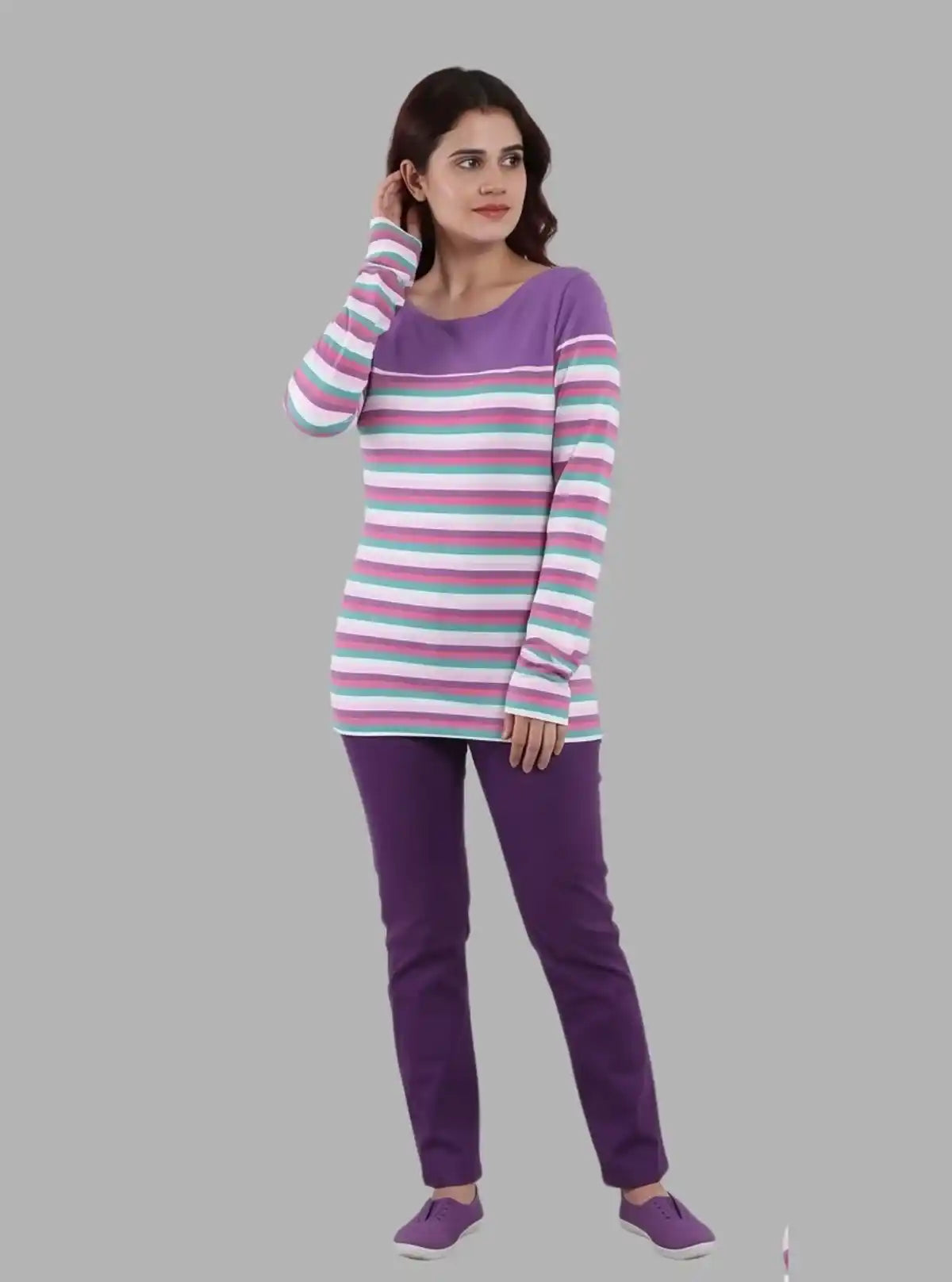 Women's Purple Scoop Neck Striped Panel Long Sleeve Top – Cotton Jersey