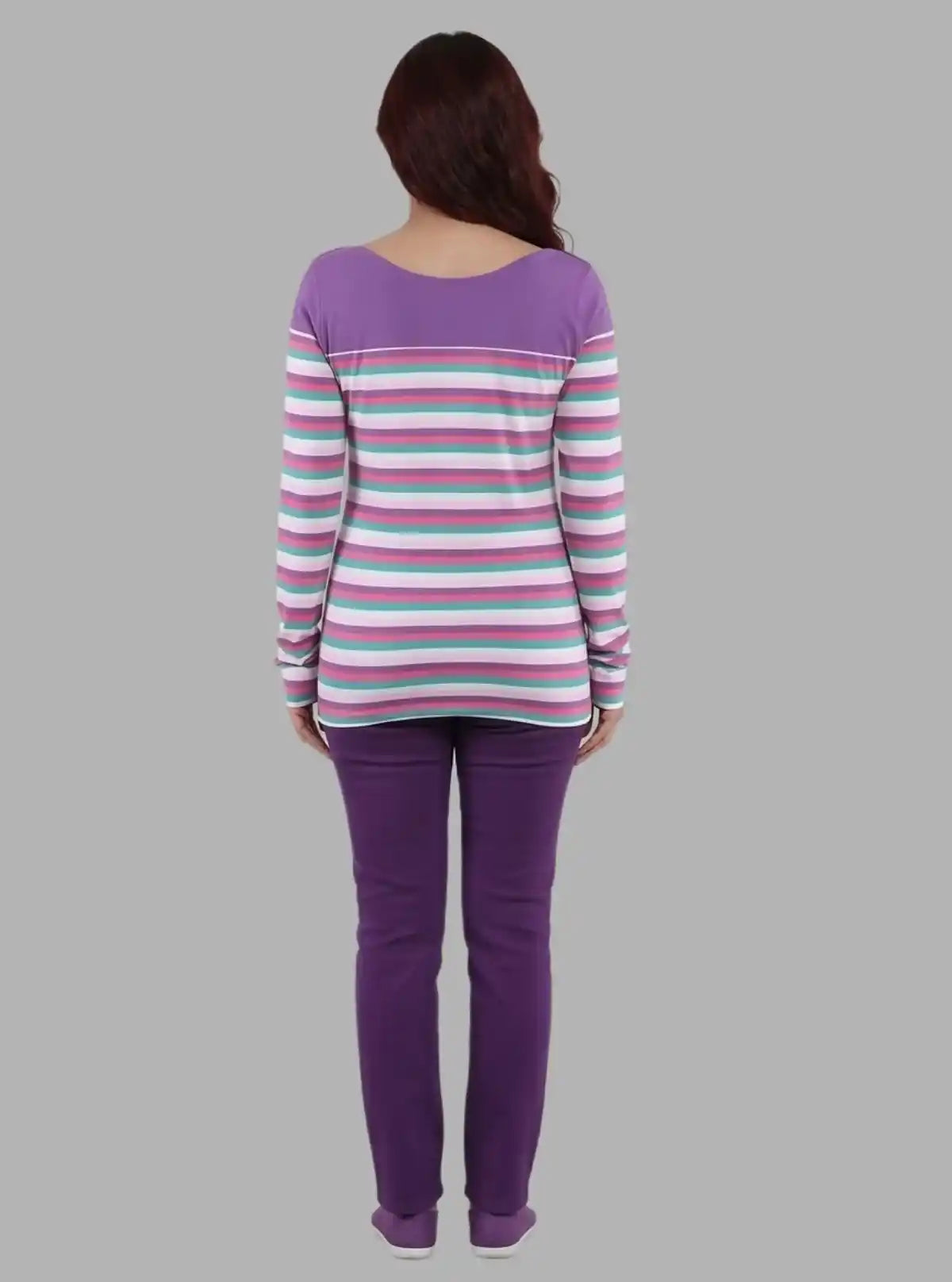 Women's Purple Scoop Neck Striped Panel Long Sleeve Top – Cotton Jersey