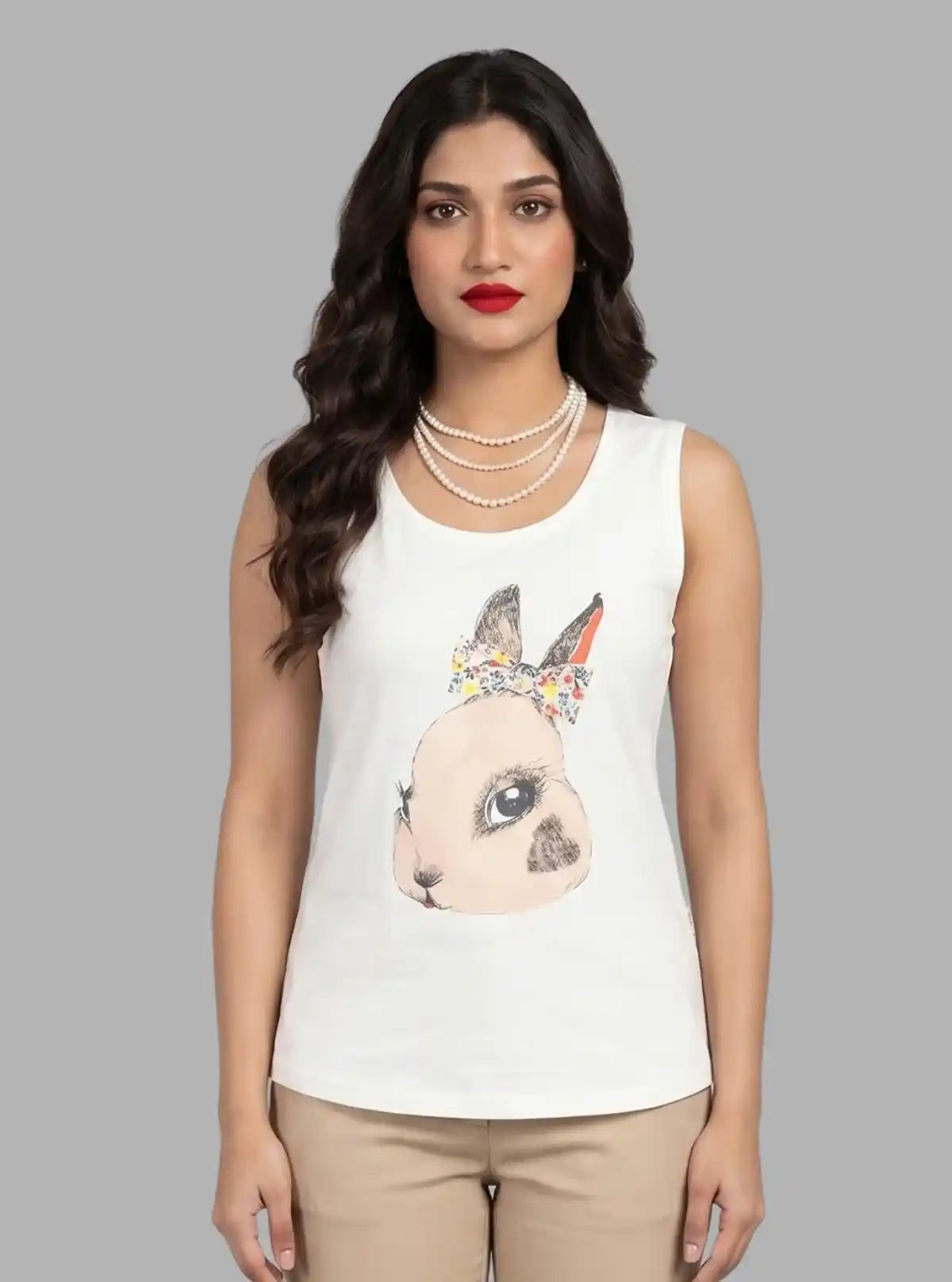 Women’s Cute Rabbit Print White Sleeveless Top – Stylish & Comfortable by Boer and Fitch