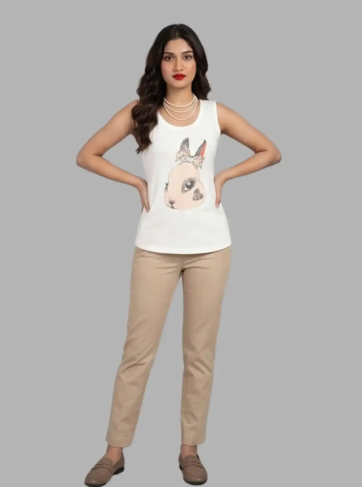 Women’s Cute Rabbit Print White Sleeveless Top – Stylish & Comfortable by Boer and Fitch